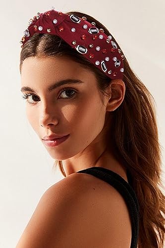 Miniatura 2 de Diadema de fútbol con perlas y diamantes de imitación, diadema anudada divertida para deportes de fútbol, banda ancha con nudo superior para el día