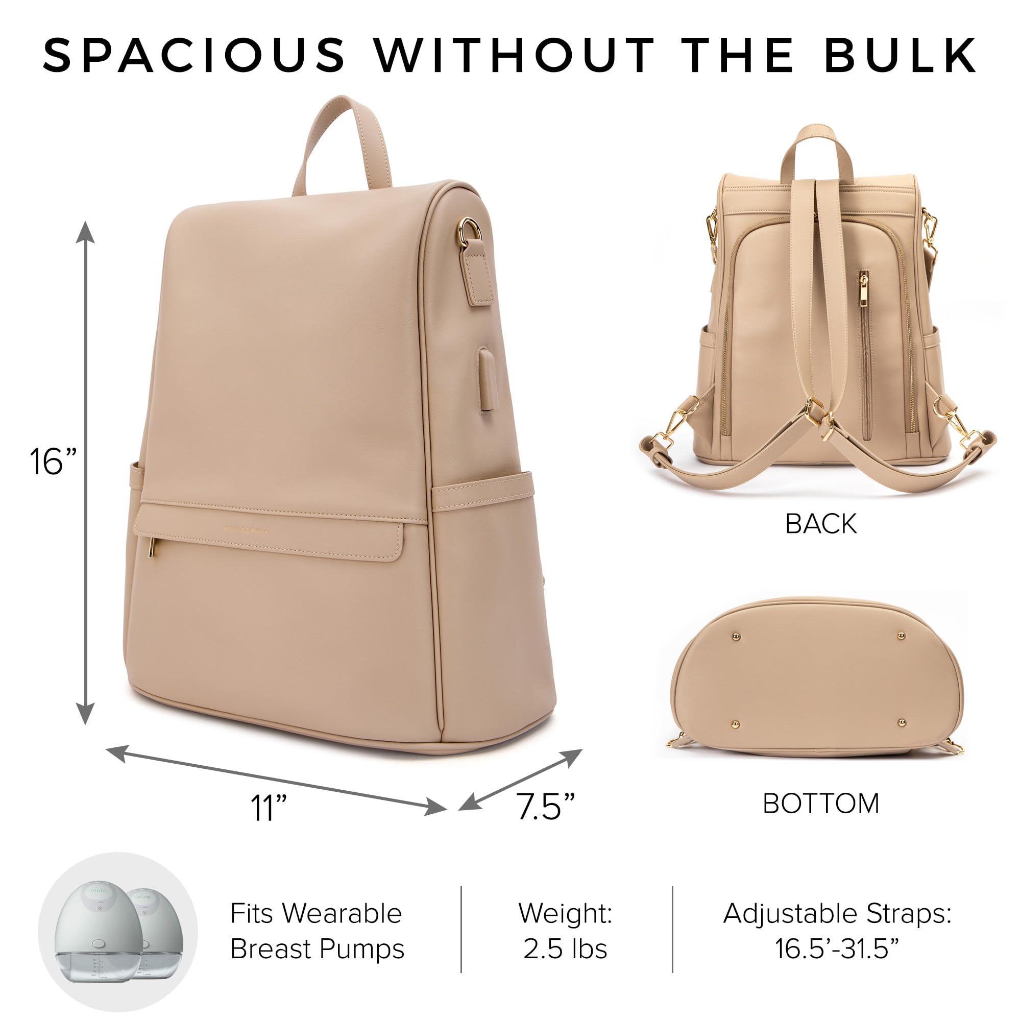 MIA + SOPHIA Skórzana torba na pieluchy plecak z portem ładowania USB, podkładką do przewijania, paskami do wózka i uchwytem na butelkę (Beige Mia)