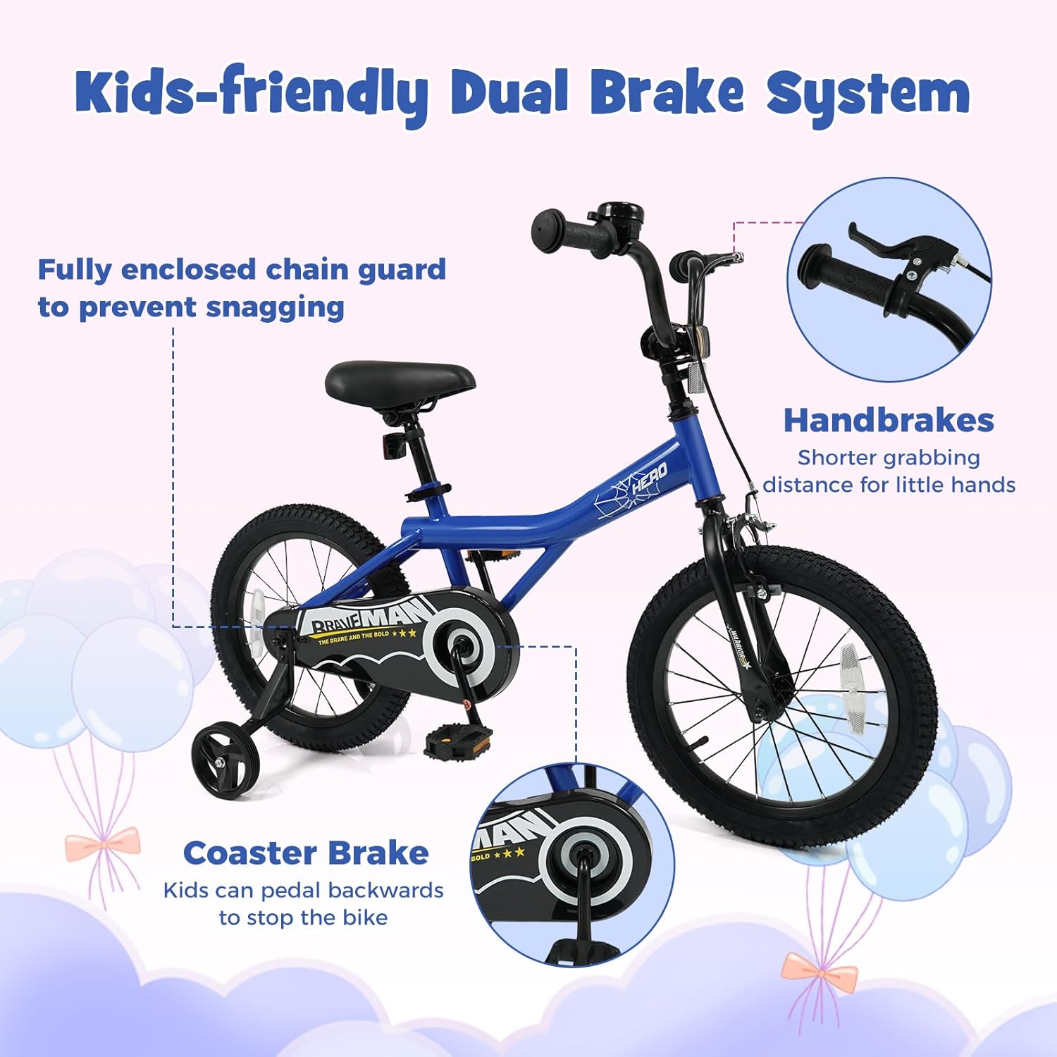 HONEY JOY Kids Bike, 12 14 16 18 Inch Toddler Bikes w/Training Wheels, Handbrake & Coaster Brake, Fully Enclosed Chain, Adjustable Handlebar & Seat, Kids Bicycle for Boys Girls Age 3-8