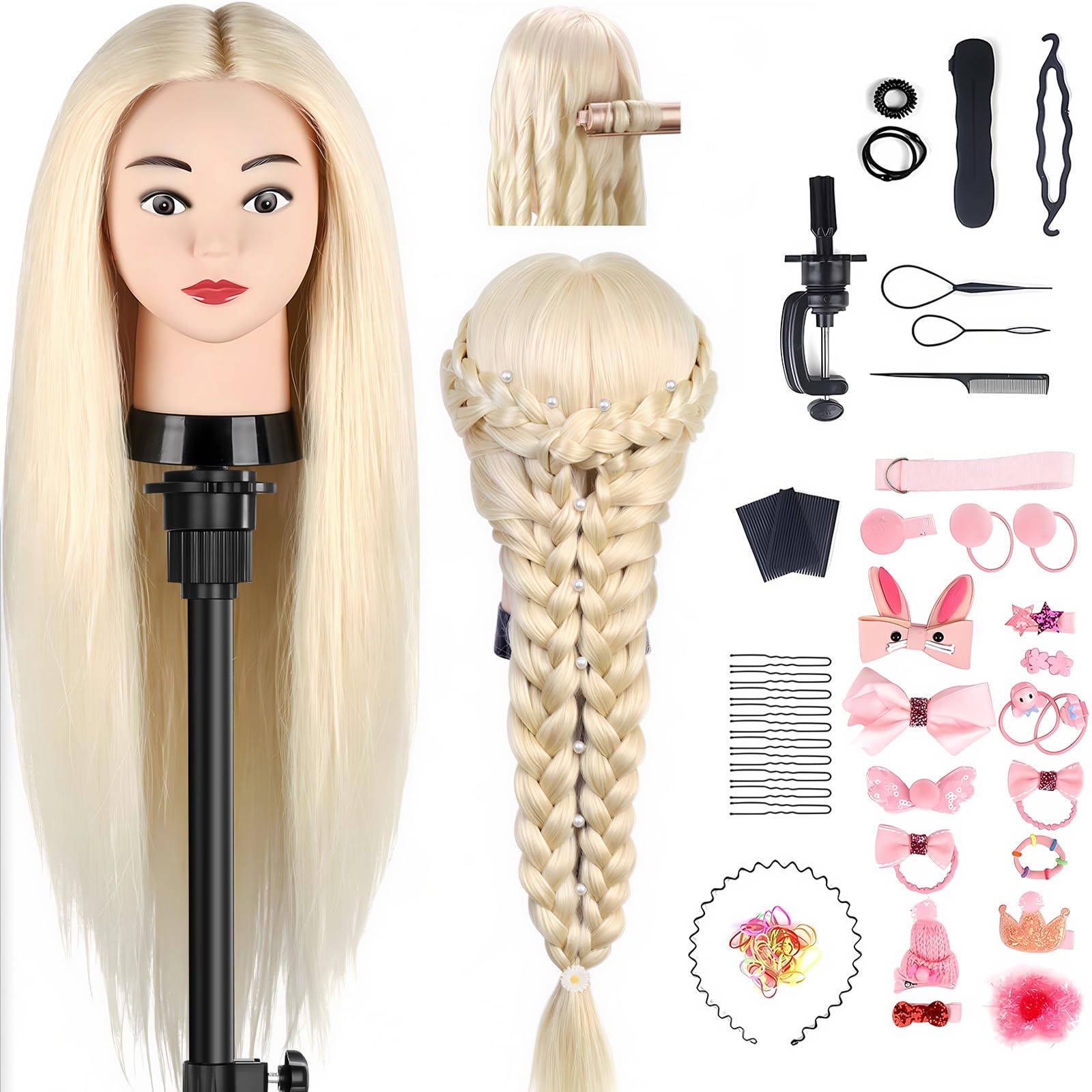 TwoWin Friseurkopf Echthaar, 26 Zoll (66 cm) 80% Haaren Mannequin Frisierkopf, Trainingskopf für Friseure für Styling & Friseurpraxis mit DIY Haare Frisuren Set (Rosa + Gelb)