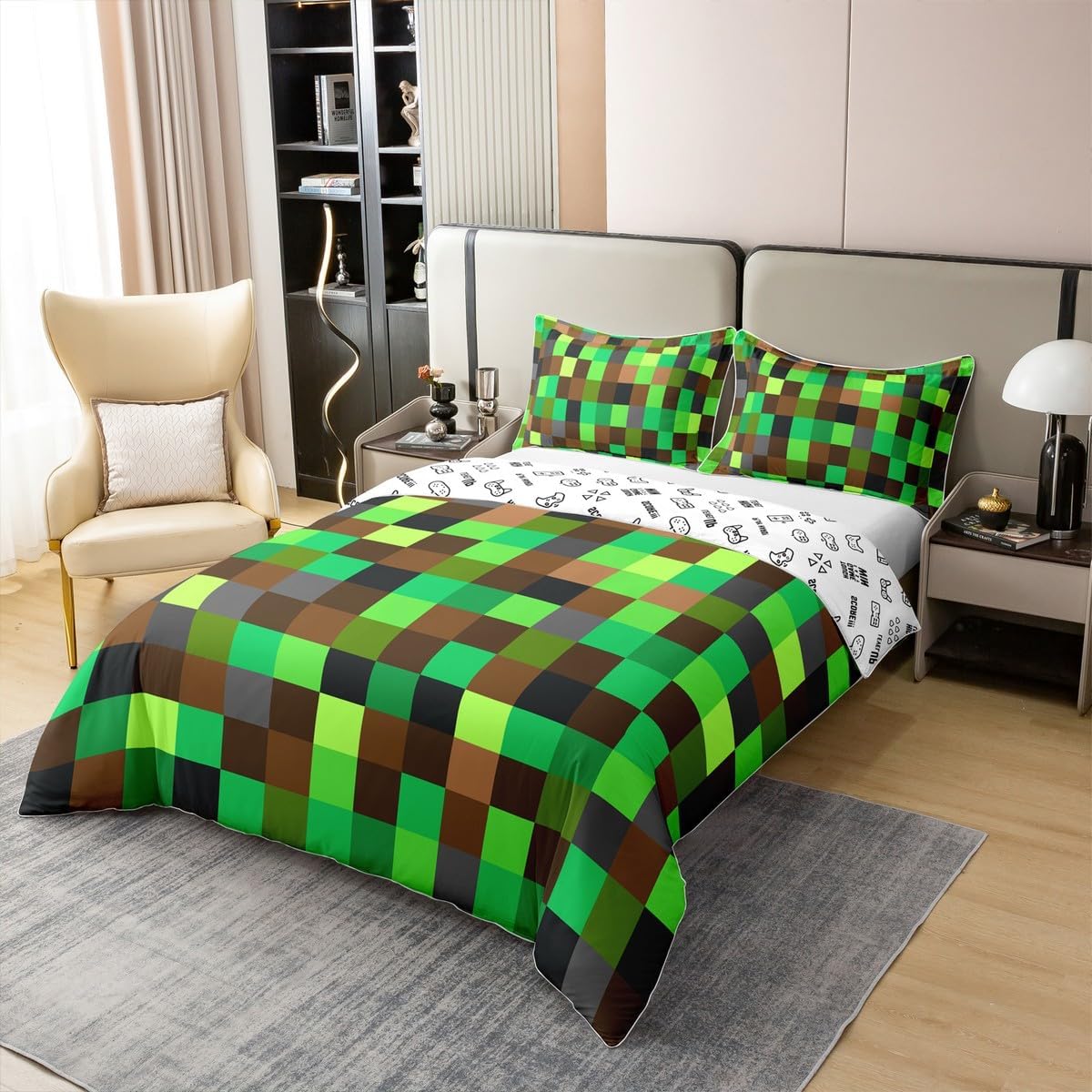Green Brown Blocks 100% Cotton Duvet Cover Full Size,Pixelated Grid Bedding Sets 3Pcs for Kids Teens Adult Room Decor,Miners Gaming Comforter Cover Build Sandbox Theme Quilt Cover,2 Pillowcases image 3