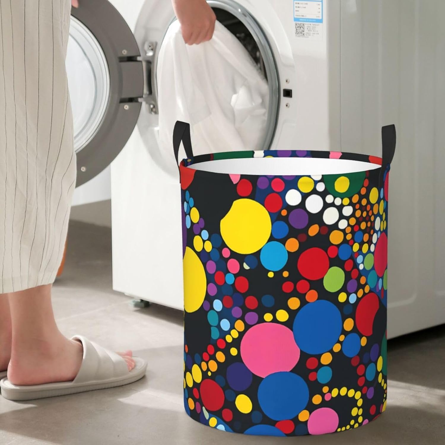 Colorful dots Round Single-layer Laundry Basket, Portable Storage Laundry Basket, Bedroom Clothes Storage Basket with Handle