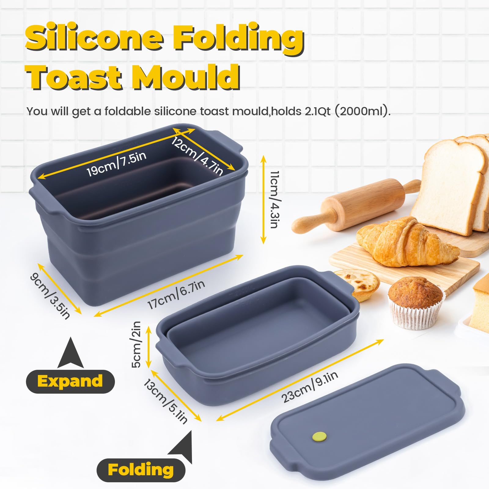 Molde plegable de silicona para pan con tapa, molde antiadherente para horno, pan casero, pastel de carne, fácil liberación, 2000 ml