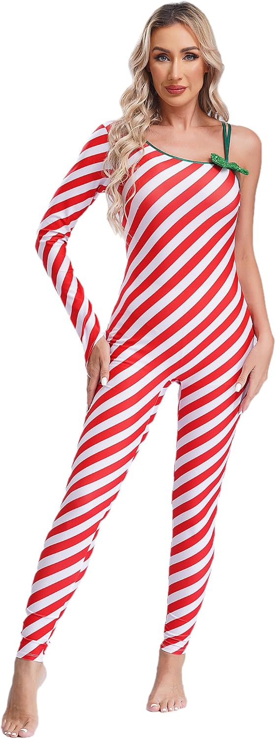 Lejafay Women Christmas Costume Candy Cane Striped Unitard Bodysuit Romper Ballet Dance Jumpsuit