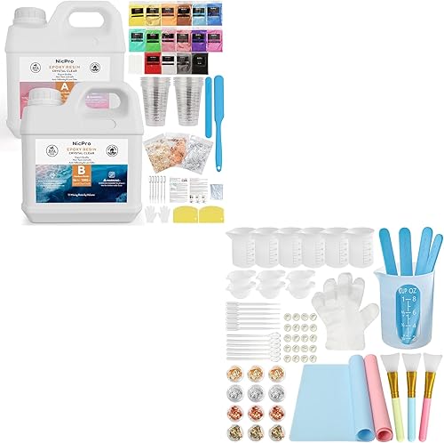 Nicpro Kit completo de resina epoxi cristalina de 72 onzas y kit completo de herramientas medidoras de resina de silicona para mezcla moldes y
