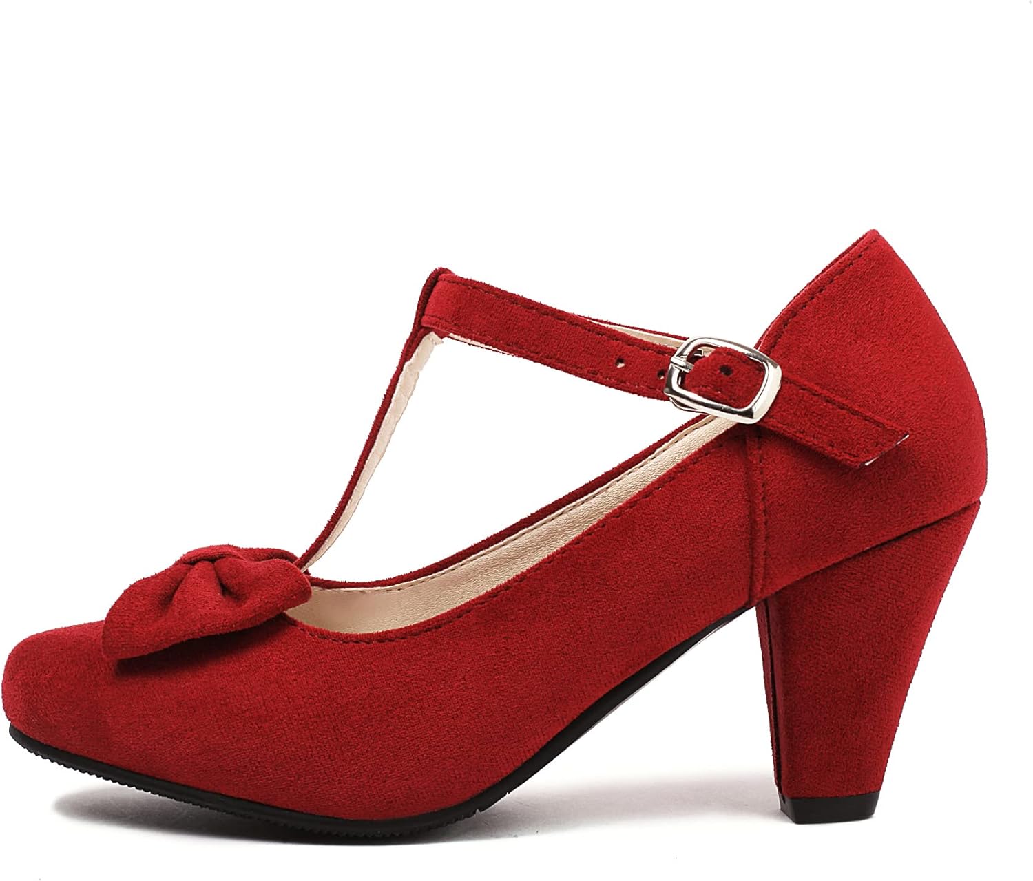 Elerhythm Women's Mary Jane Vintage Heels with Bow 1950s Pumps Closed Toe 1920s Victorian Sweet Ankle Strap Faux Suede Elegant Comfortable Formal Dressy Ladies Shoes