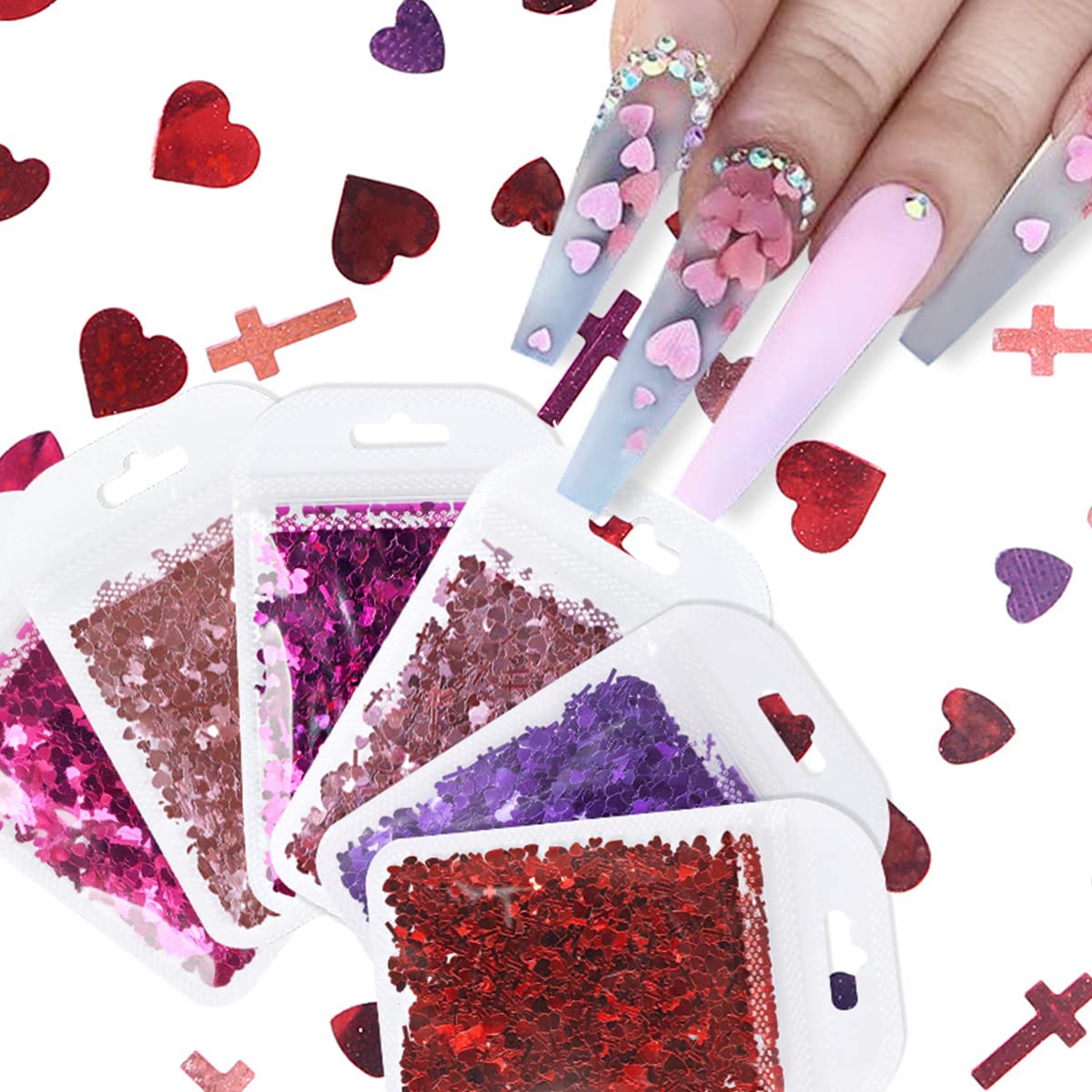 SARATA Valentines Nail Art Glitter Flakes Stickers Decals 3D Love Heart Sequins Mixed Cross Design for Manicure Polish DIY Charms Tips Nail Decorations Supplies Accessories 6 Colors