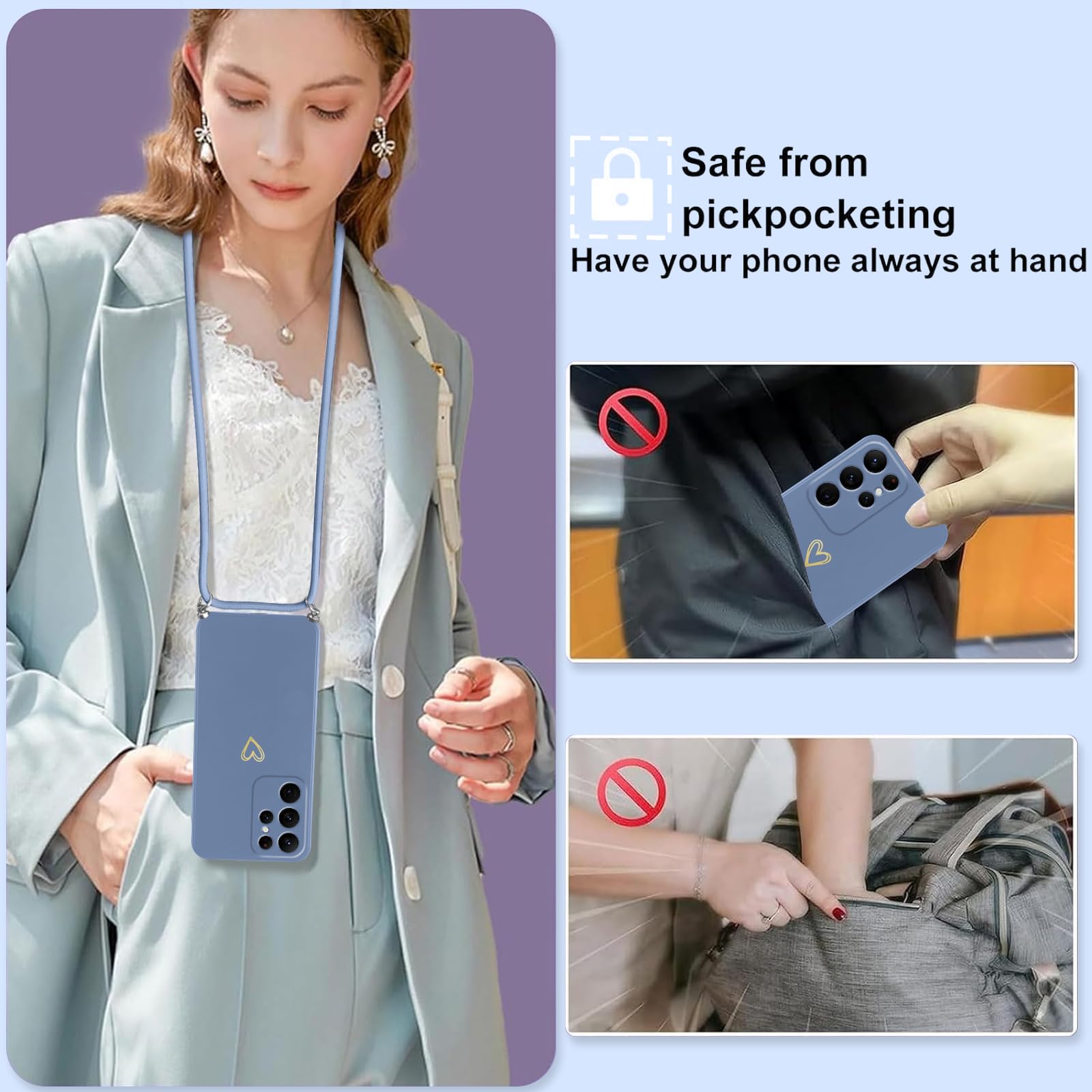 Etui do Samsung Galaxy S22 Ultra 5G ze sznurkiem obrożowym, miękkie etui silikonowe z motywem serca i przenośną smyczą, regulowana, odporna na wstrząsy osłona paska na ramię, niebieska