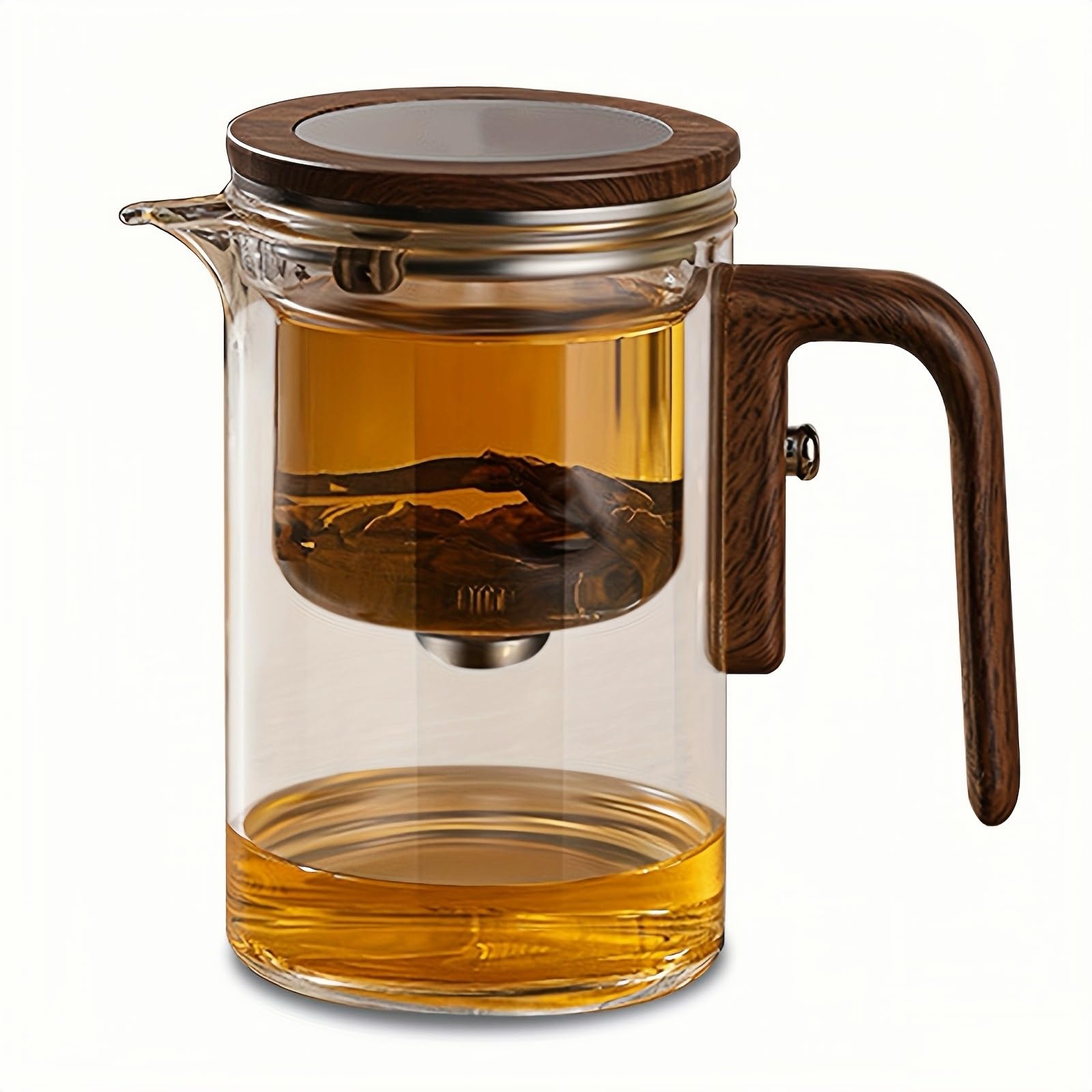 OULOVECO Semi-Automatic Glass Teapot 20oz Wooden Handle Press Button Infuser