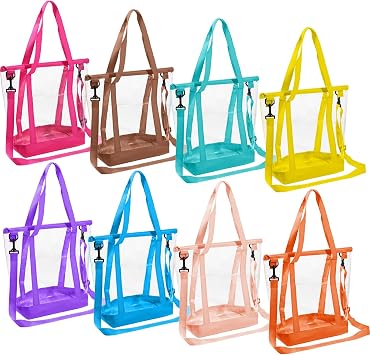 Shinylin 8 Pcs Clear Tote Bags with Zipper Adjustable Shoulder Bag Handbag Detachable Strap See Through Security ApprovedColorful