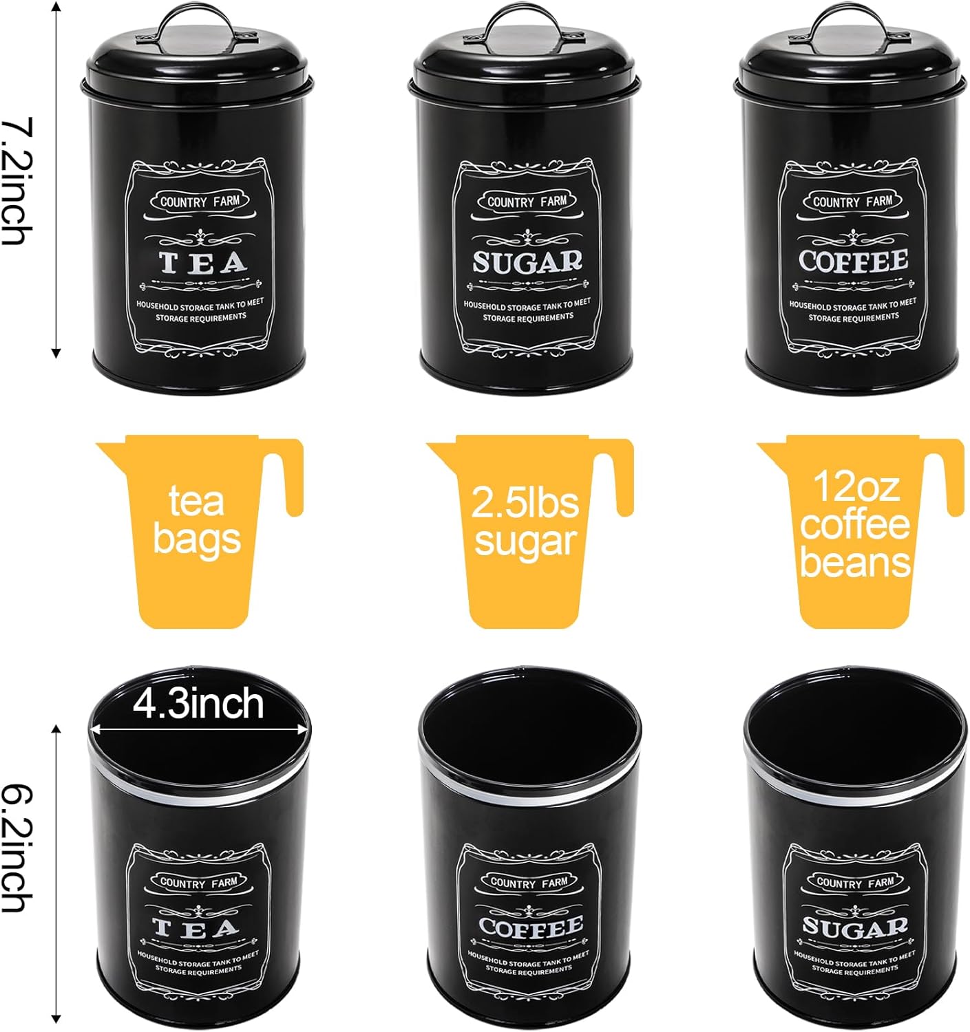 yarlung Metal Bread Box with 3 Kitchen Canisters Set, Large Black Farmhouse Bread Tin for Kitchen Countertop, Coffee Tea Sugar Canister with Airtight Lid for Pantry Organizer Home Storage