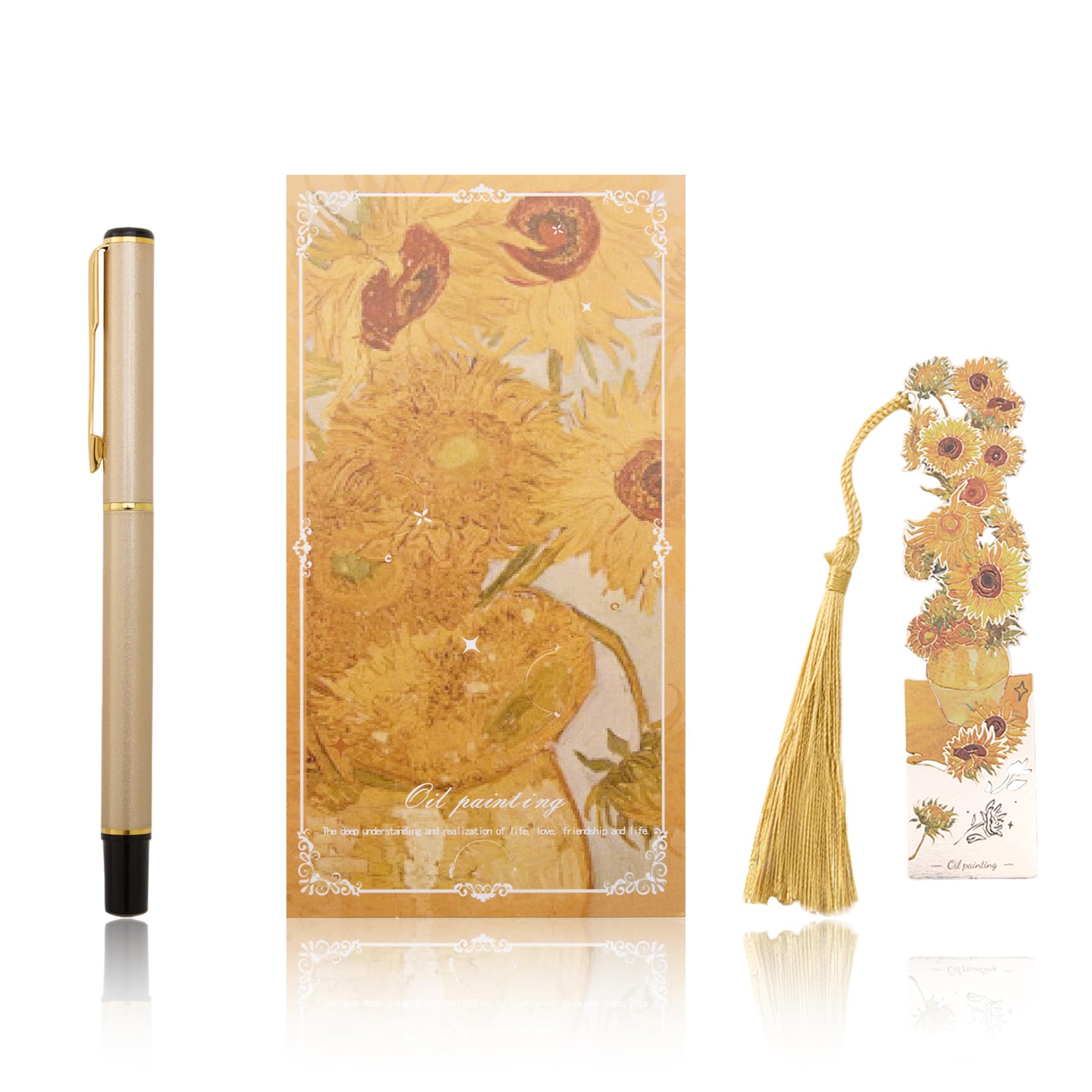 Wasise Metal Bookmarks and Gold Pen Sets as Gifts - Flower Bookmark with Tassel, Gold Plating Rollerball Pen, Reading Accessories for Book Lovers Writers Readers Women, Monet Oil Painting Book Mark