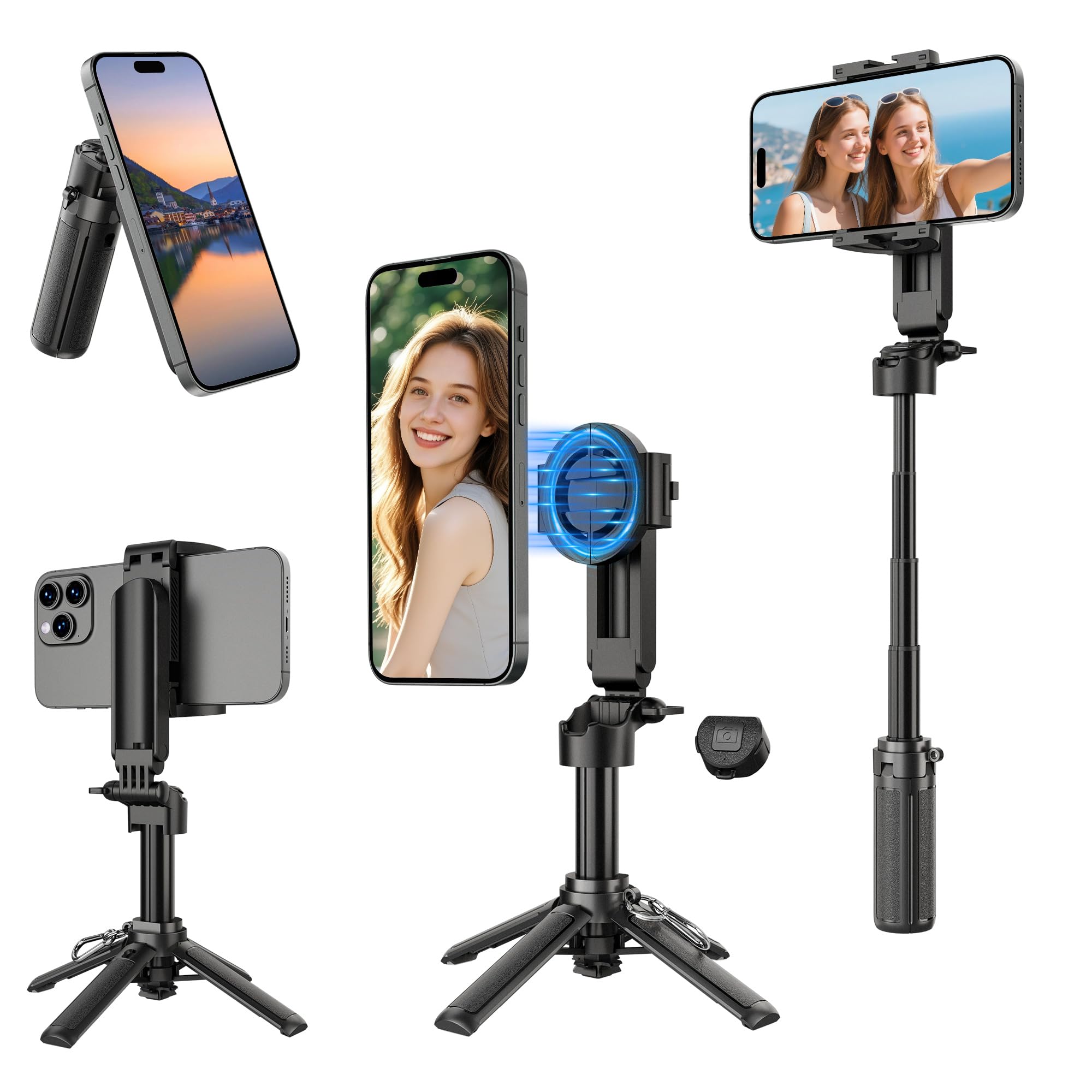 Mini selfie stick magnetico per iPhone, 4 in 1, treppiede portatile tascabile per iPhone MagSafe/Android con supporti remoto/cold shoe, treppiedi piccolo/compatto per cellulare, per scrivania, viaggi