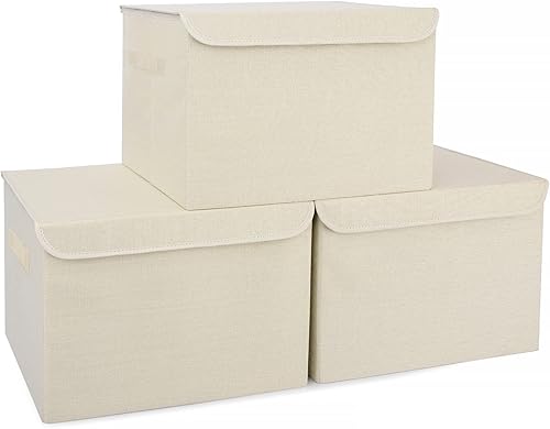 Miniatura 21 de Contenedores de Almacenamiento Plegables Apilables Grandes de 17" 42 Cuartos con Tapas [Paquete de 3] Cajas de Almacenamiento de Tela de Lino Beige