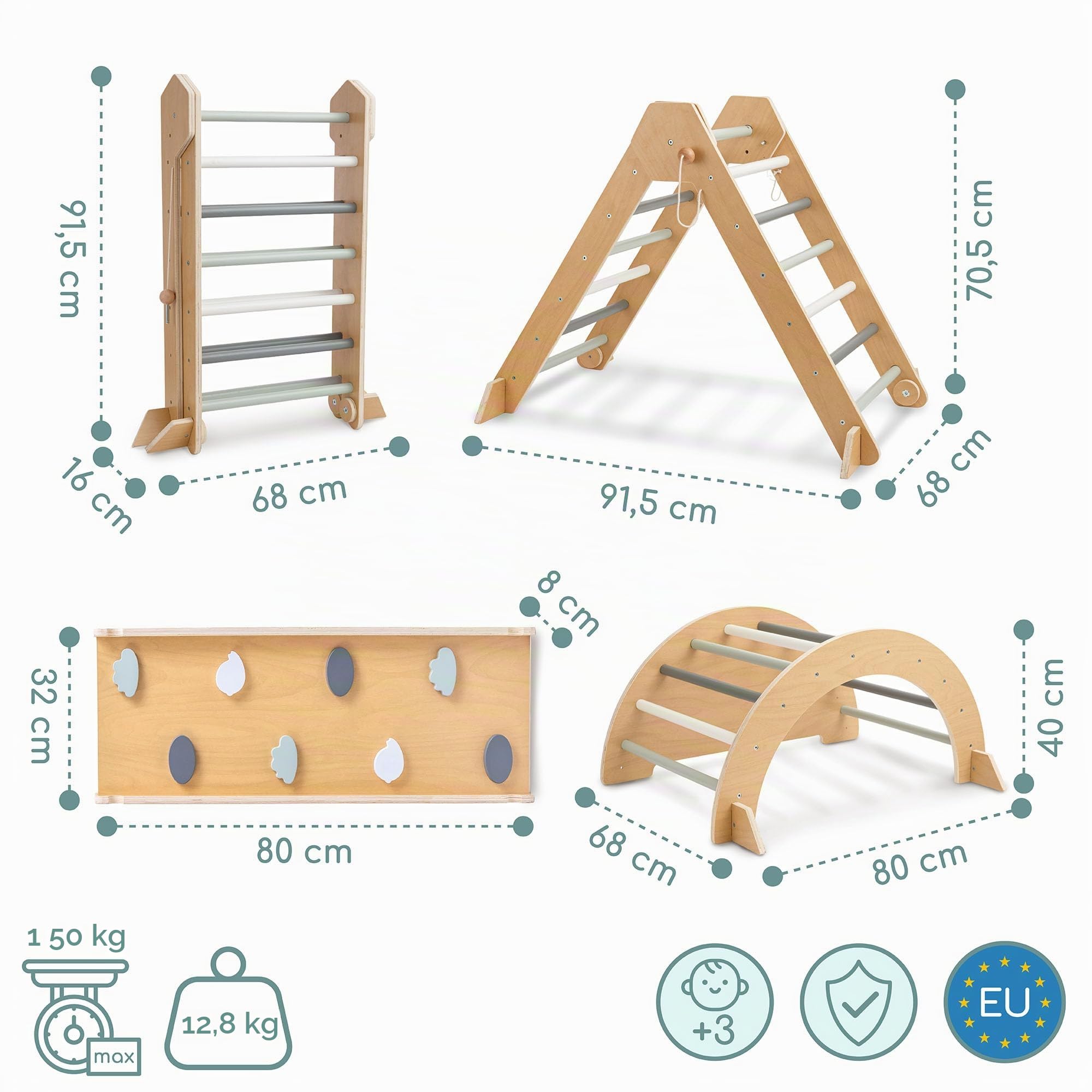Mamabrum Aire de Jeux pour Enfants en Bois - Triangle Pickler, Arc d'escalade, Toboggan Double Face - Kit de Sport Montessori pour la Maison, Pliable, sûr
