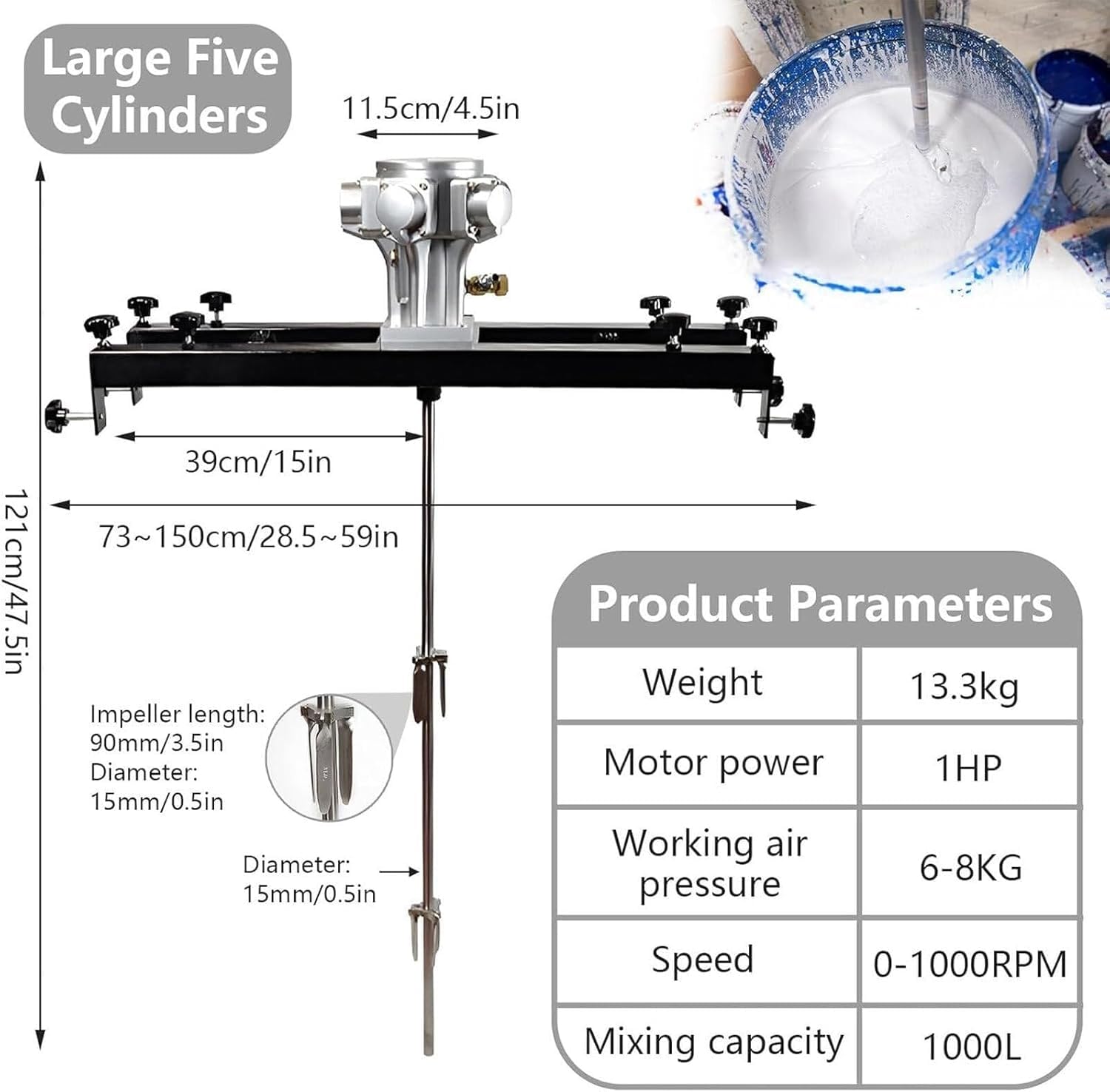Agitador Neumático para Tanque IBC 1000L, Mezclador Acero Inoxidable con Soporte Telescópico y Hélice Retráctil, Motor Aire 0-2500 RPM para Pinturas, Tintas y Químicos,Large 5 Cylinders