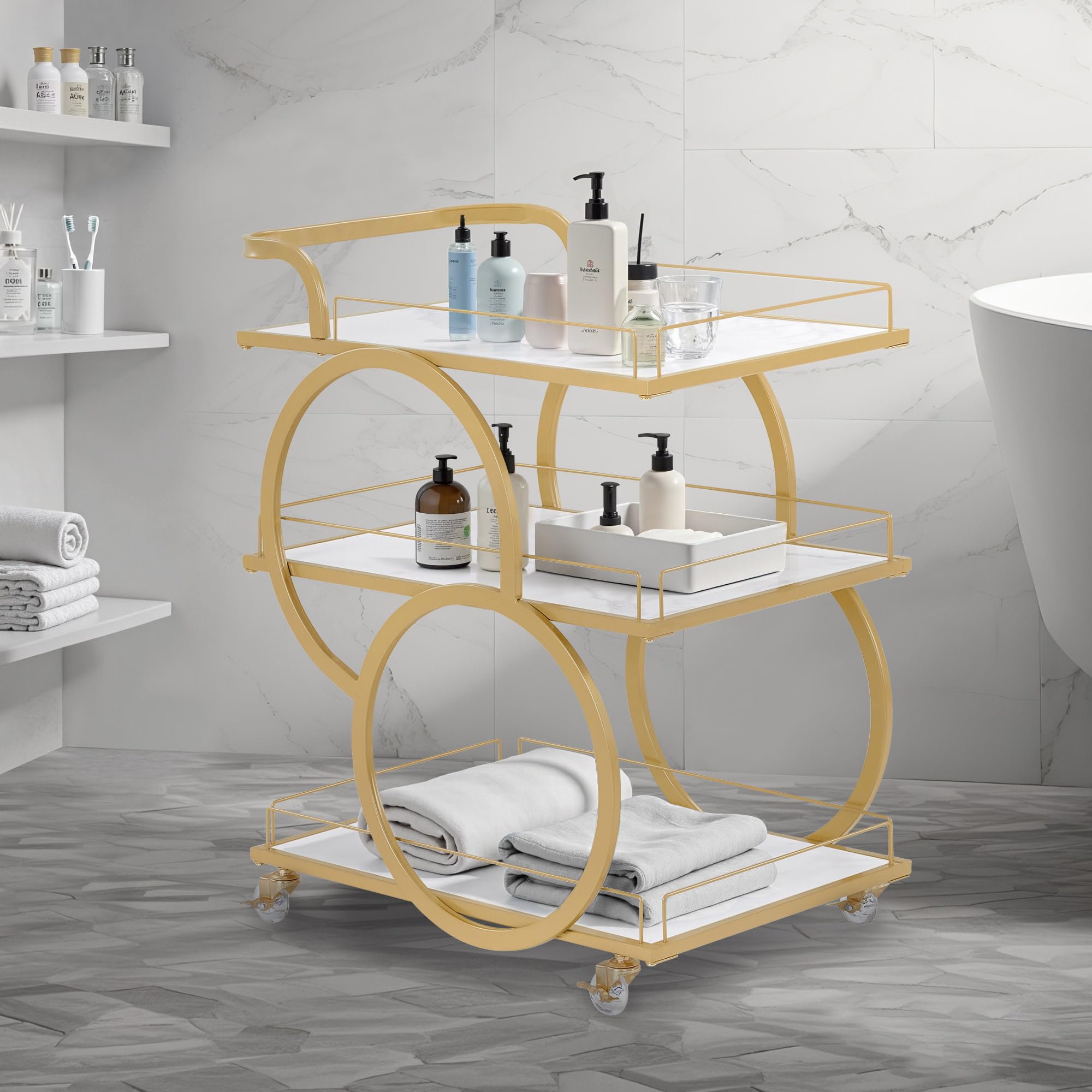 BarberPub Chariot de Service à roulettes 3 Niveaux Structure métallique Blanc-Or 65x43x70
