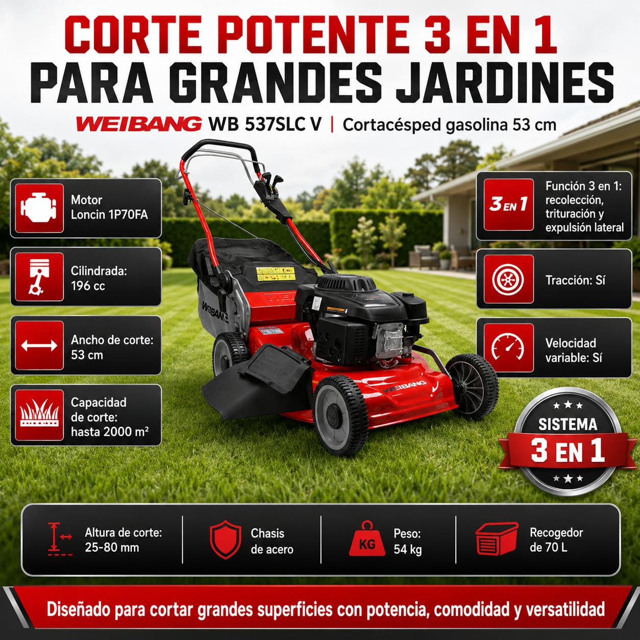 WEIBANG Cortacésped a Gasolina WB 537SLC V, Motor Loncin 196 CC, Corte 53 cm, Tracción Variable, Función 3 en 1, Saco 70 l