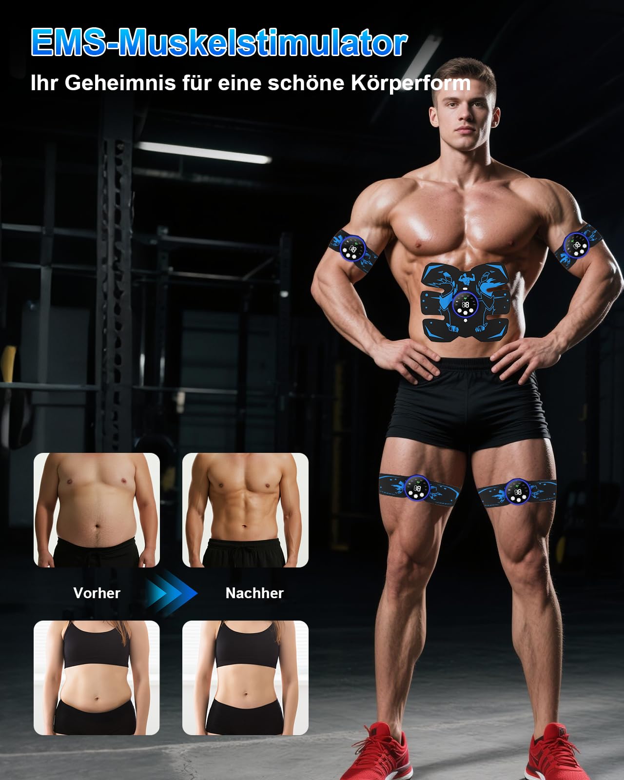 EMS Trainingsgerät, 8 Modi & 29 Intensitäten, Bauchmuskeltrainer EMS Trainingsgerat, Bauchtrainer, 12 Stück Ersatz-Hydrogels, USB Wiederaufladbar EMS Bauchtrainer Ganzkörper ABS/Bauch/Arm/Bein