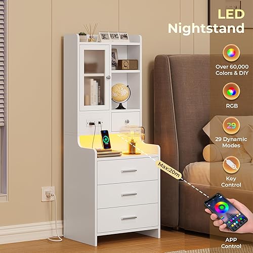 Miniatura 4 de ADORNEVE - Mesita de noche alta con estación de carga y luces LED, mesita de noche de 49.2" con estantería, mesa de noche blanca con cajones, mesa