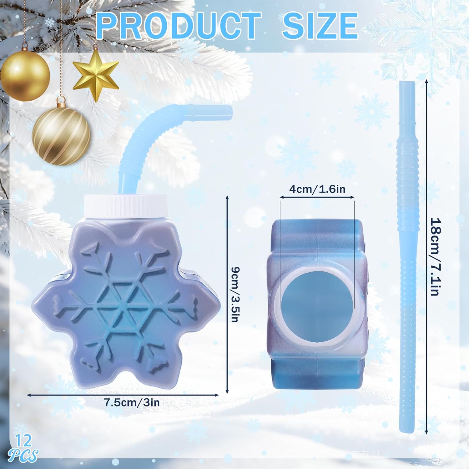 12 Pcs 10 oz Winter Snow Cups with Straws and Lids, Reusable Plastic Snowflake Shape Cup Bulk Cute Christmas Cup for for Coffee Tea Cold Hot Drinks Winter Themed Birthday Party Supplies - Image 2