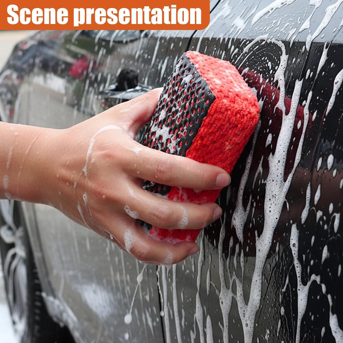 Craedli 2PCS Clay Scrubber Car Wash Sponge, Dual Sided Car Clay Bar Auto Detailing Tool, Reusable Microfiber Sponge for Effective Cleaning Debris, Road Grime, Light Overspray (Red)