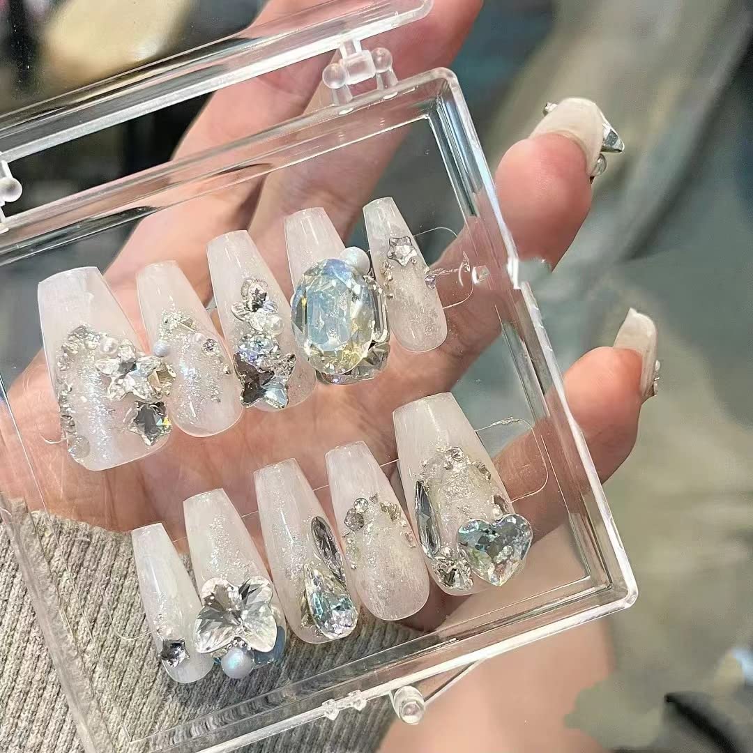 Nail ApparelLong Coffin Press on Nails-Luxury Reusable UV Finish Manicure, Hand Made Nail Art with Design by Professional Manicurist, 3D Charm Rhinestone Long Ballet Trapezoid Fake Nails 10Pcs,