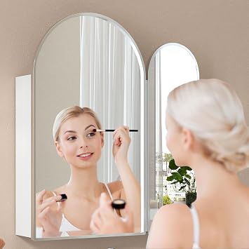 60x70 Arched Bathroom Mirror Cabinets,2-Door Mirrored Bathroom Cabinets Wall Mounted,Bath room Cabinet with Mirror and Storage,Brushed Nickel Surface Mount Mirrored Cabinet
