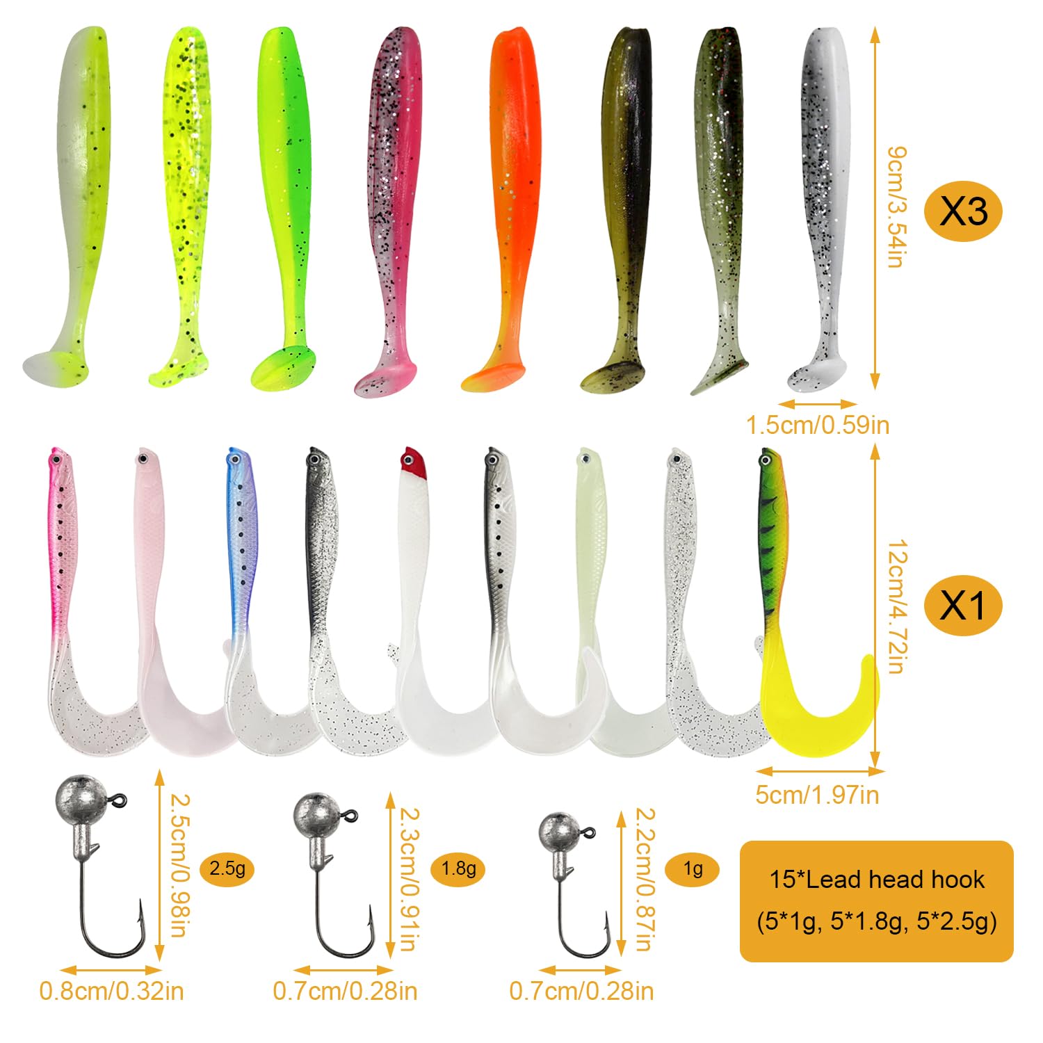 Señuelos Pesca Jig y Bait 48 Piezas 9cm 12cm 1g 2.5g Kit Spinning Lucio Black Bass