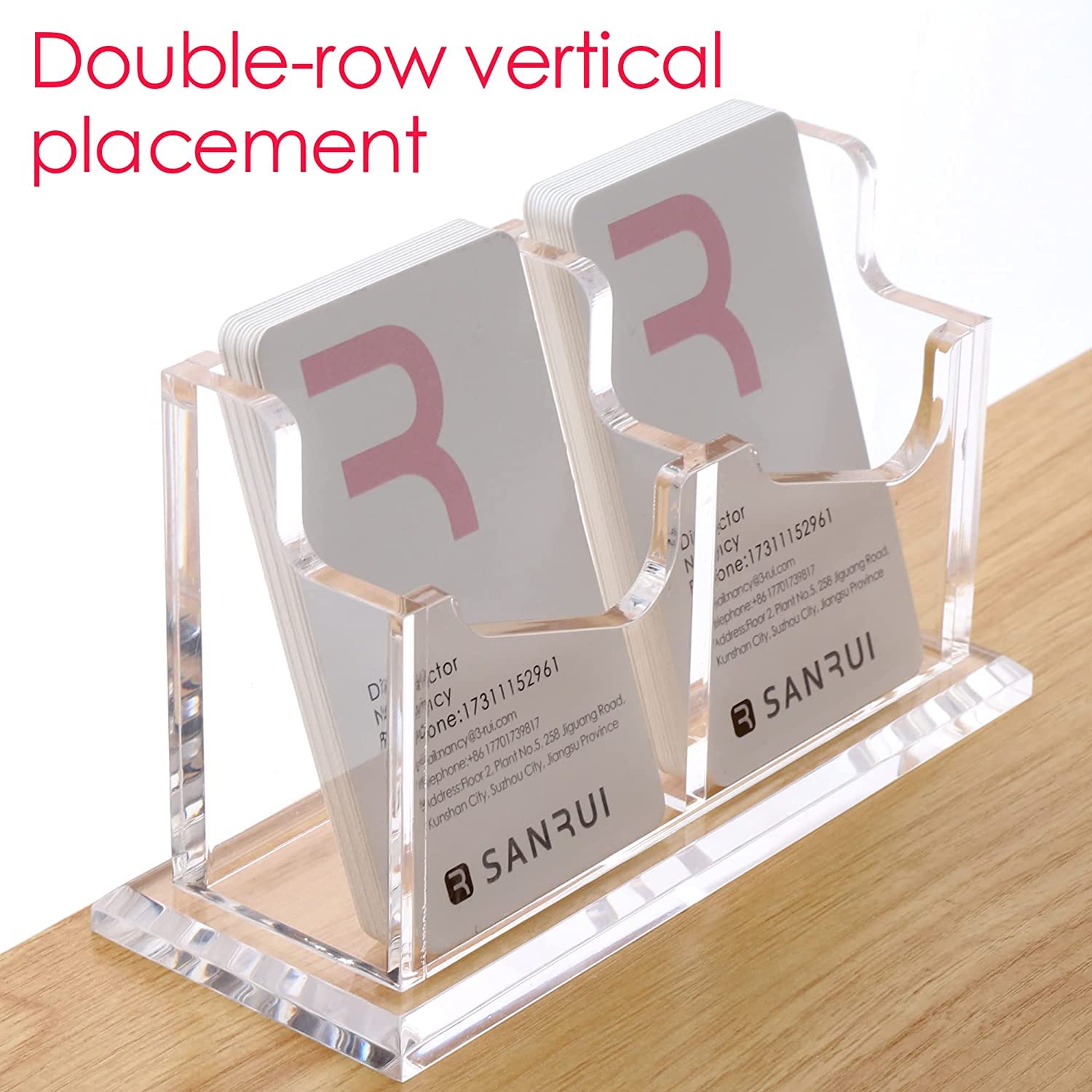 SANRUI Porte-cartes de visite vertical en acrylique pour bureau, présentoir de cartes de visite transparent pour exposition, maison, bureau, 2 emplacements 1 niveau, peut contenir 100 cartes