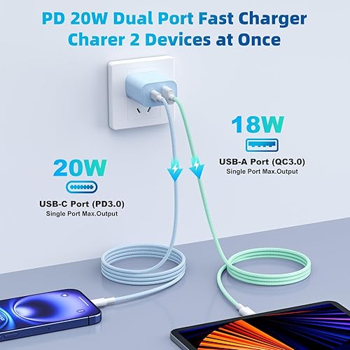 Vista 2 de Cargador de carga rápida para iPhone 17, 16, 15, paquete de 4 unidades de doble puerto de 20 W USB C con cable USB-C a C de 6 pies, bloque