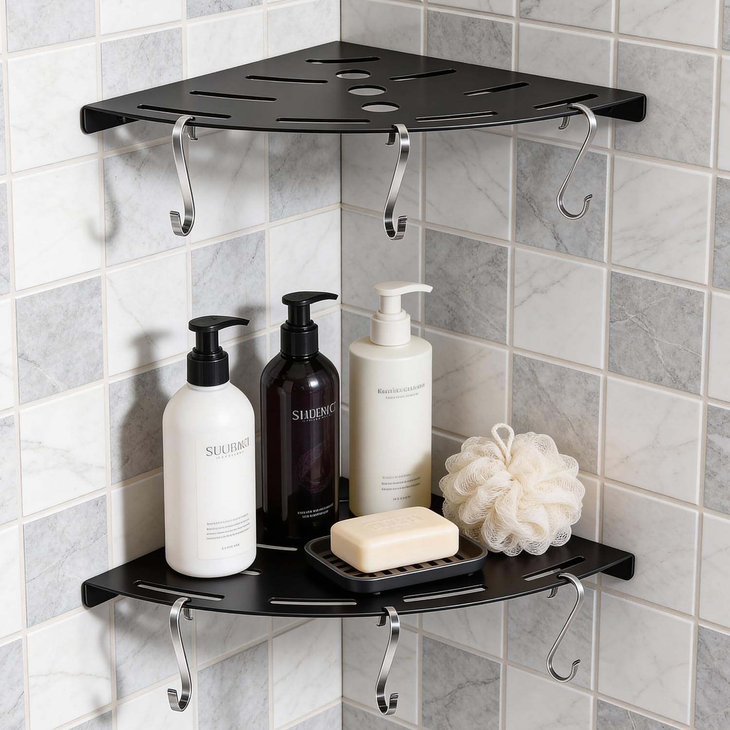 Shower Corner Shelf 304 Stainless Steel Shower Caddy 2 Tier Shower Organizer Niche with Extra 6 Hangers Shelves