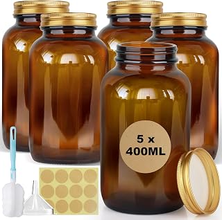 5 x 400ml Vorratsdosen Glas Set, Braungläser mit Schraubverschluss, Einmachgläser mit Schraubdeckel, Luftdicht Braunglasflasche mit Etiketten Trichter für Aufbewahrung Nüsse Müsli Kräuter