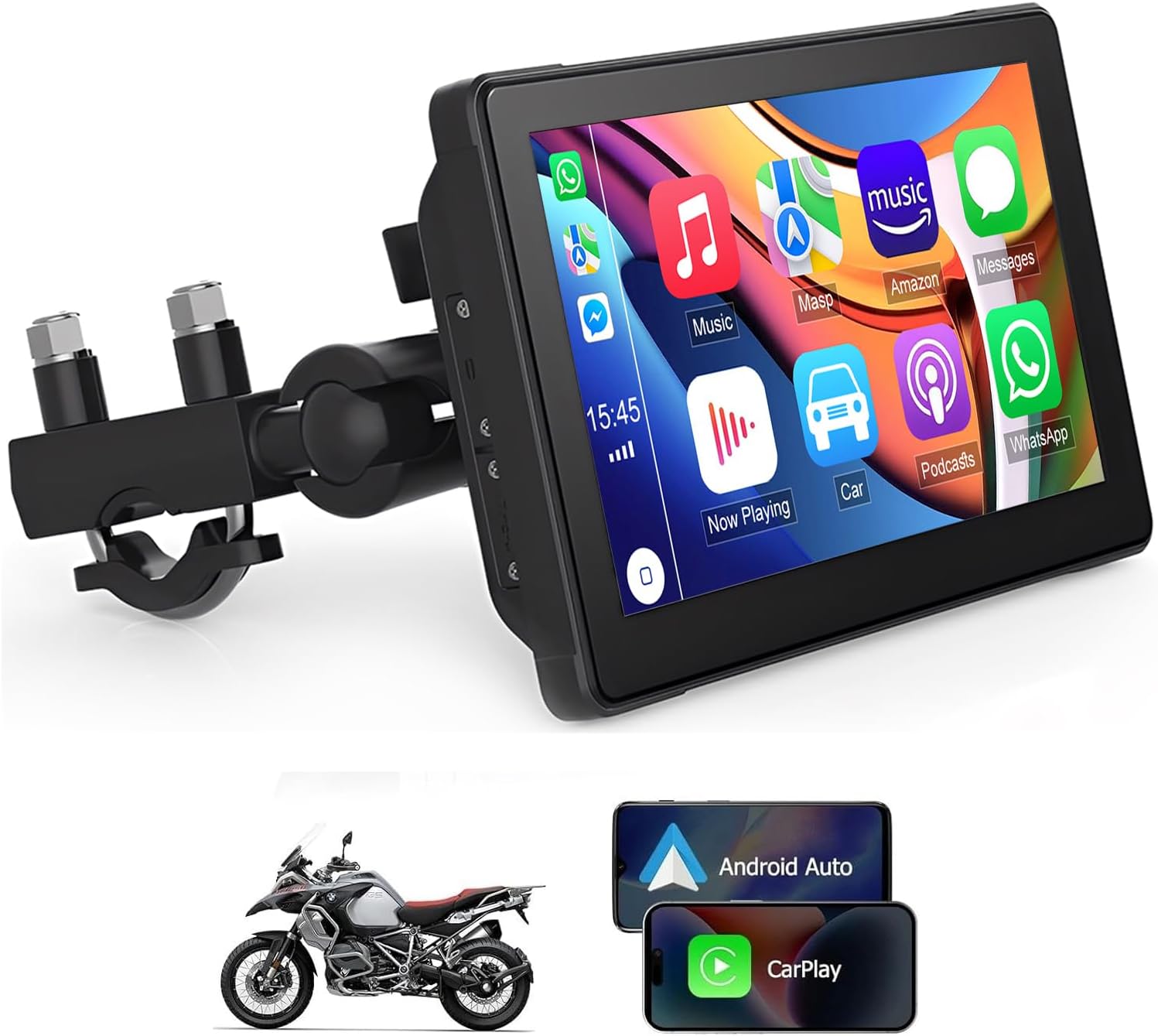 7 Inch Wireless Motorcycle Carplay GPS Navigation System with Carplay and Android Auto Waterproof Portable Touch Screen with Dual Bluetooth WiFi Navigation Siri Google Assistant TPMS Voice Control