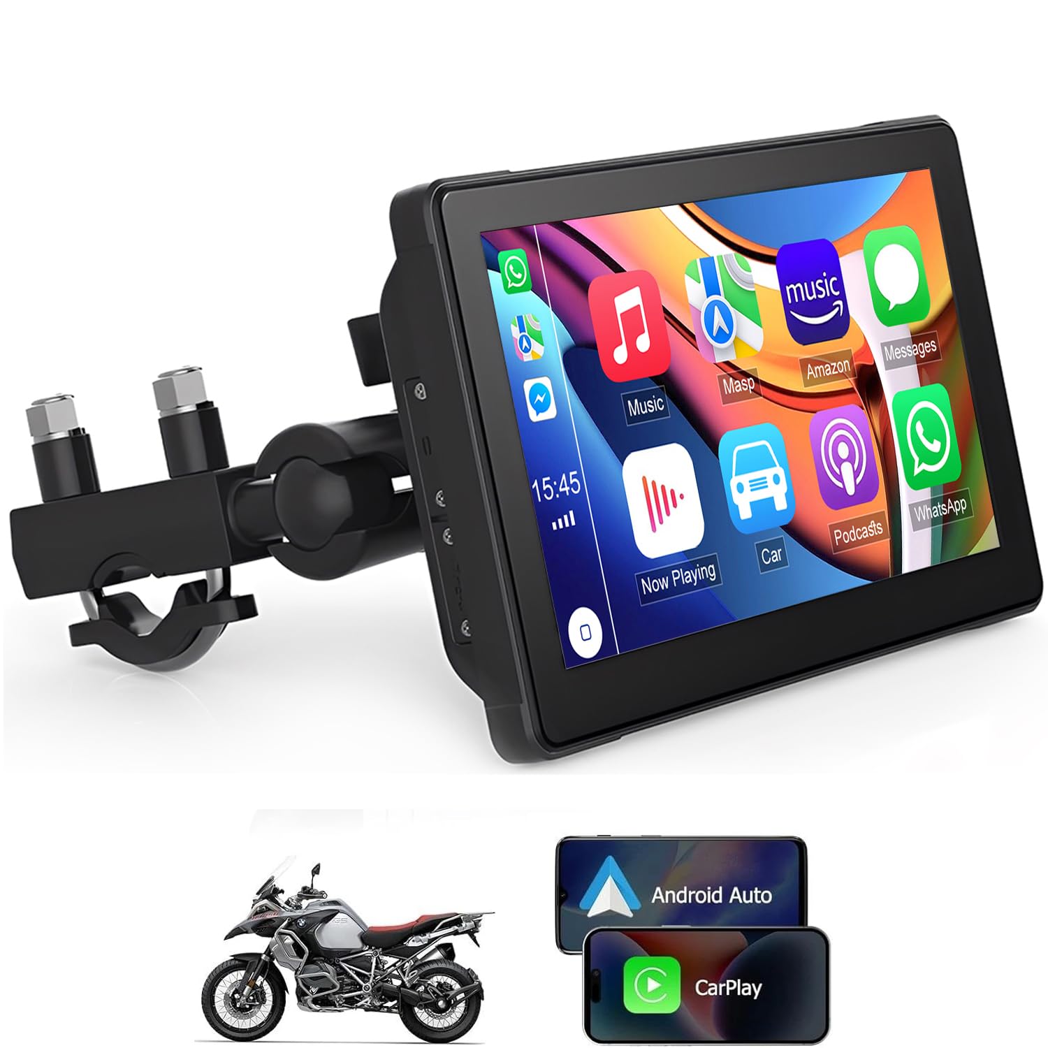7 Inch Wireless Motorcycle Carplay GPS Navigation System with Carplay and Android Auto Waterproof Portable Touch Screen with Dual Bluetooth WiFi Navigation Siri Google Assistant TPMS Voice Control