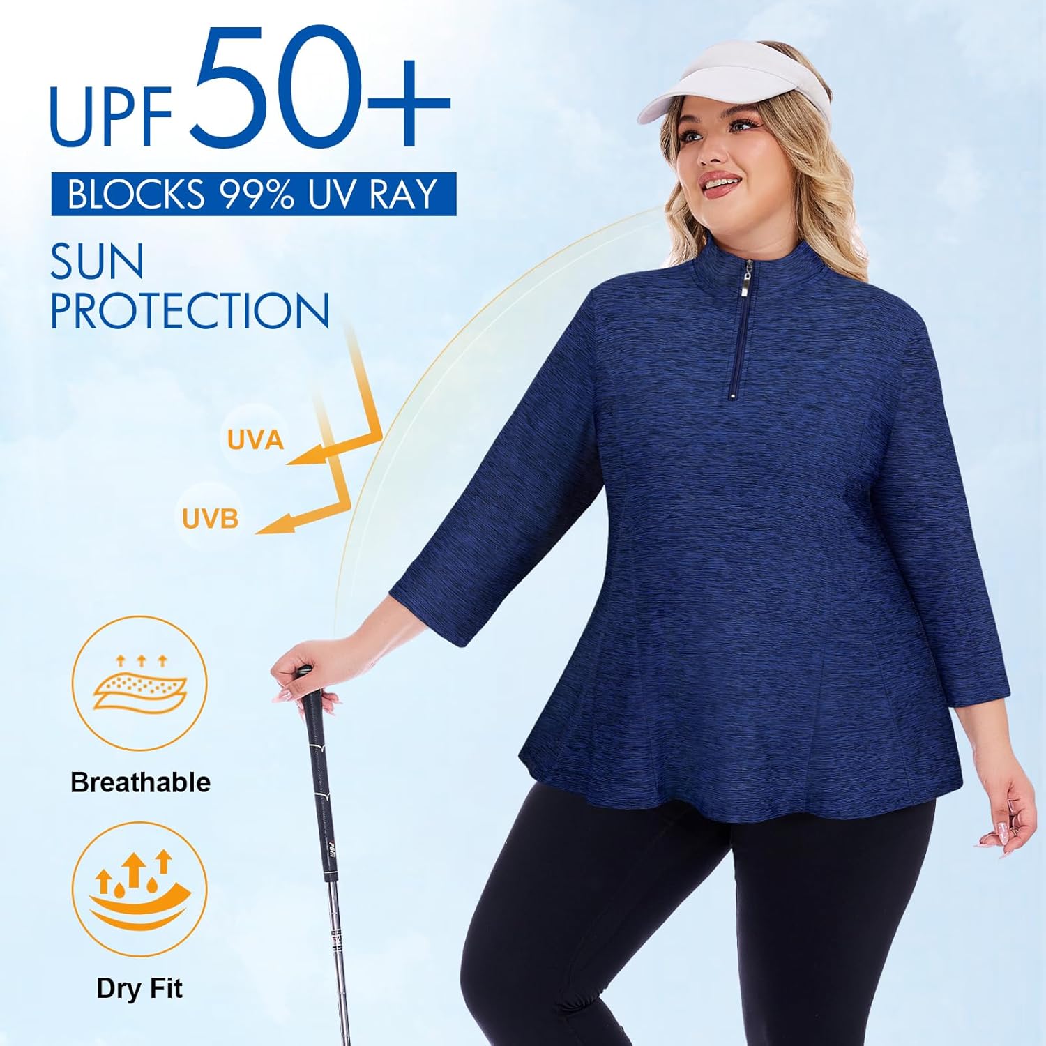 Plus Size Golf Polo Shirts for Women 3/4 Sleeve UPF 50+ Quarter Zip Pullover Quick Dry Athletic Workout Tops XL-5XL - Image 4