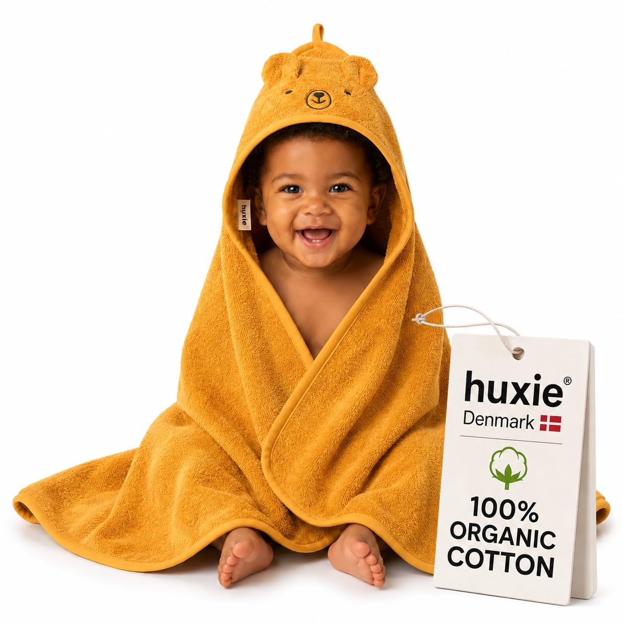 Denmark - Premium Bio-Baumwolle Baby Badetuch - Kapuzenhandtücher für Kleinkinder und Baby Handtücher für Neugeborene Mädchen und Junge - Super weich und saugfähig, 32x32 (Bär - Herbstgelb)