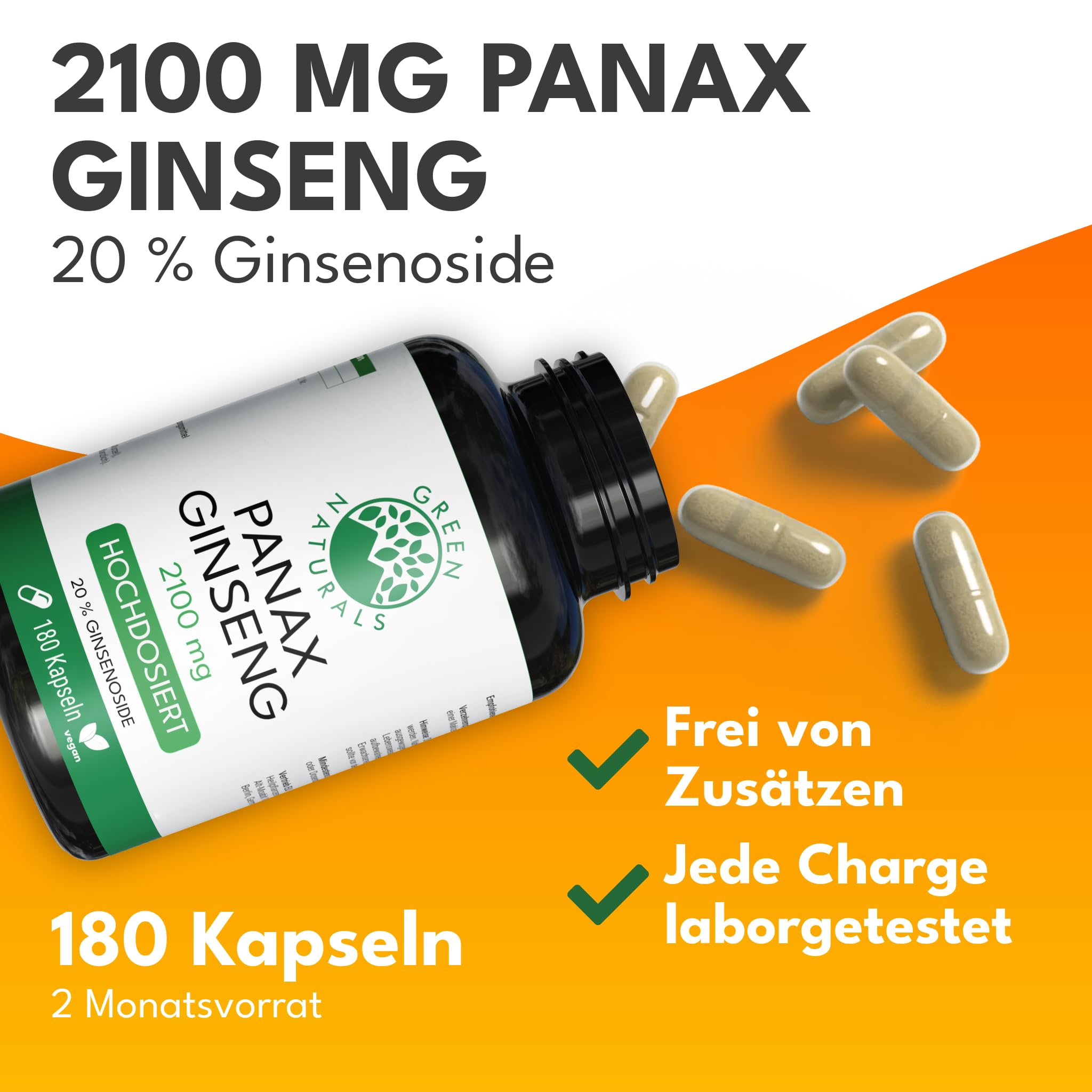 Green Naturals® Panax Ginseng - 2100mg & 20% Ginsenoide - 180 Kapseln (Packung mit 2)