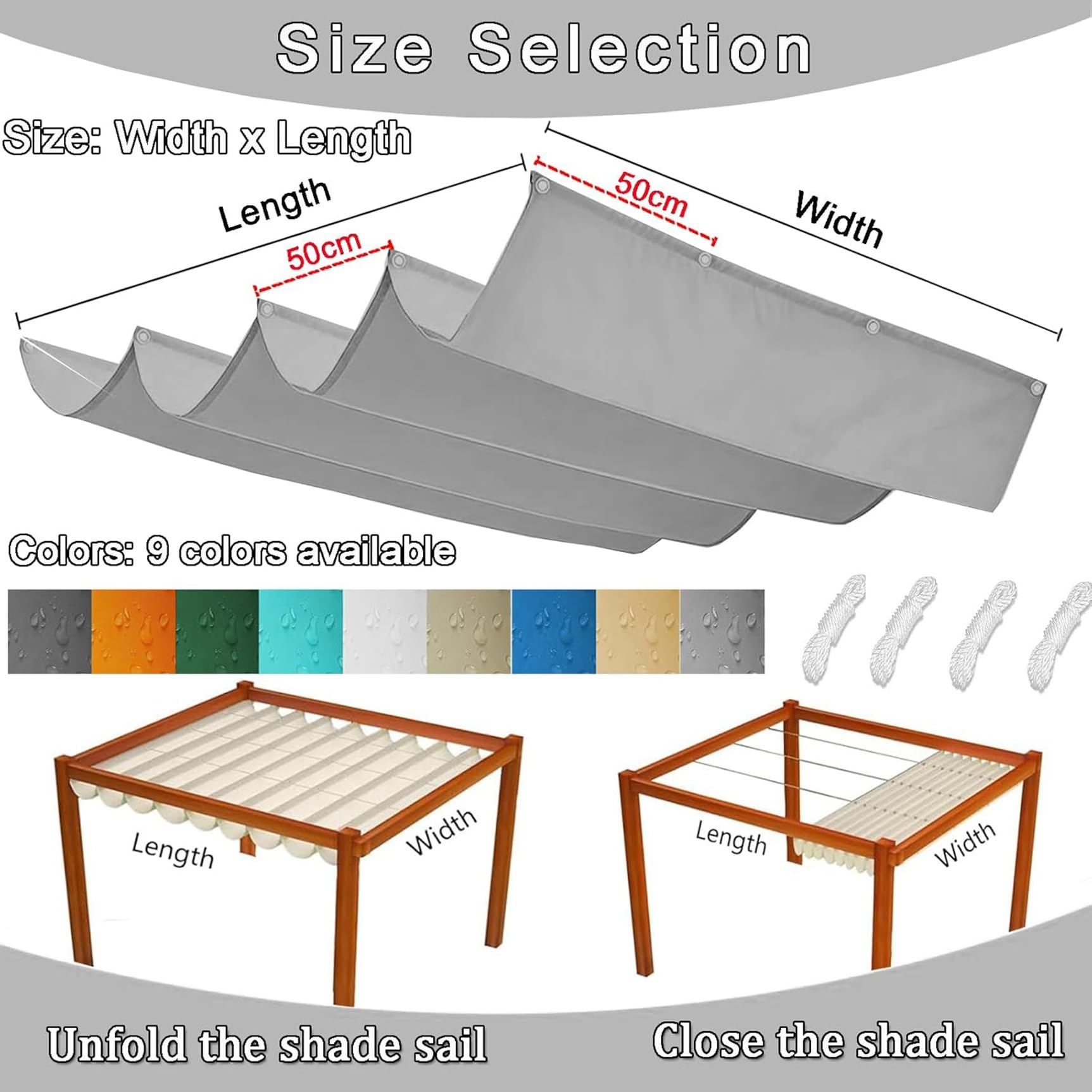 Einziehbar Welle Sonnensegel 190 x 300 cm Wasserdicht Rechteckig, UV Schutz 98%, Markise Reißfest Wetterfest, Wetterfest - Sonnenschutz Spannmarkise Beschattung für Terrasse Garten, Hellgrau