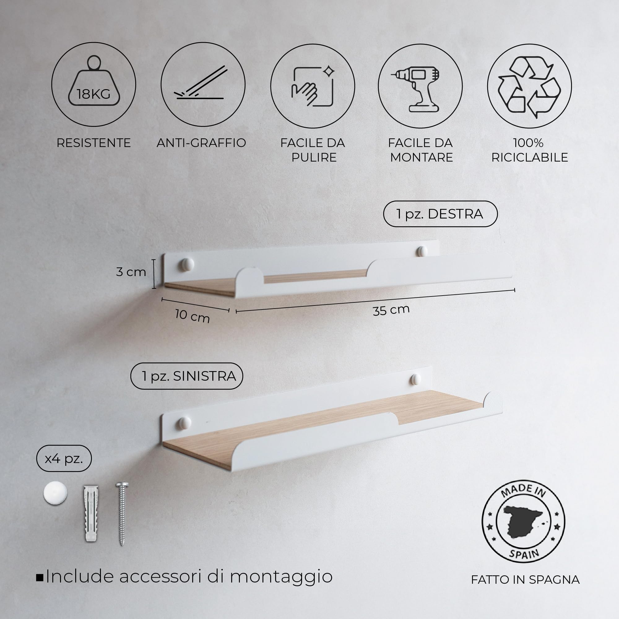 MILUKA Set da 2 Mensole da parete con Ganci 35 cm, Metallo bianco e legno | Picola Mensole da Muro Design, bordi arrotndati e superficie in legno di rovere | Ideali per cameretta, bagno e cucina