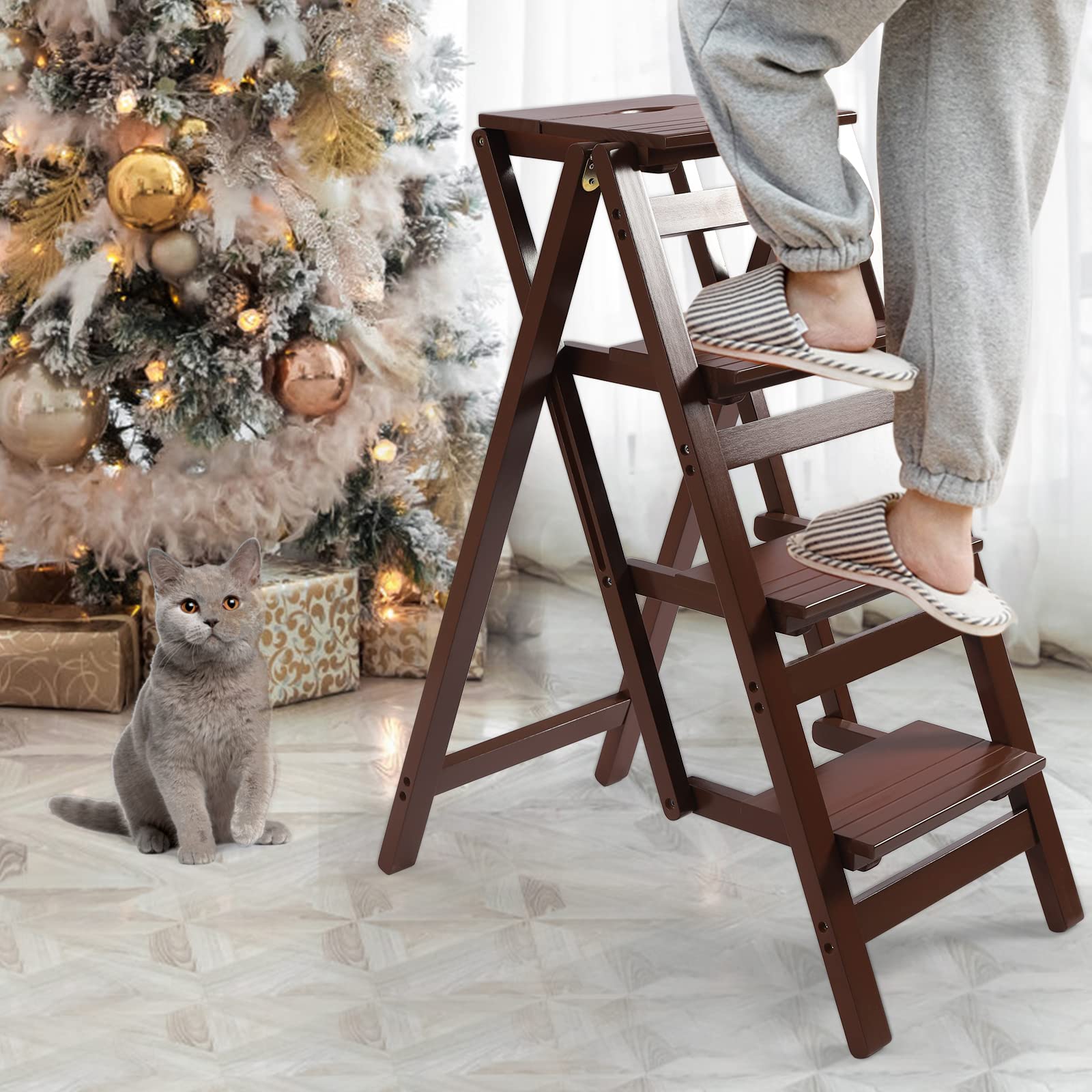 4-Step Folding Portable Step Stool, Wood Step Ladder, 800lbs Load for Home Kitchen Counter Bedroom