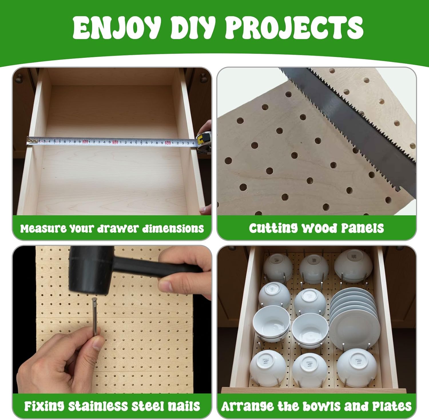 Pegboard Drawer Organizer-Unbroken Legs, 6-Pack Wood Peg Drawer Organizers with 48 Stainless Steel Pegs, for Kitchen Dishes & Food Containers(35.4"x17")