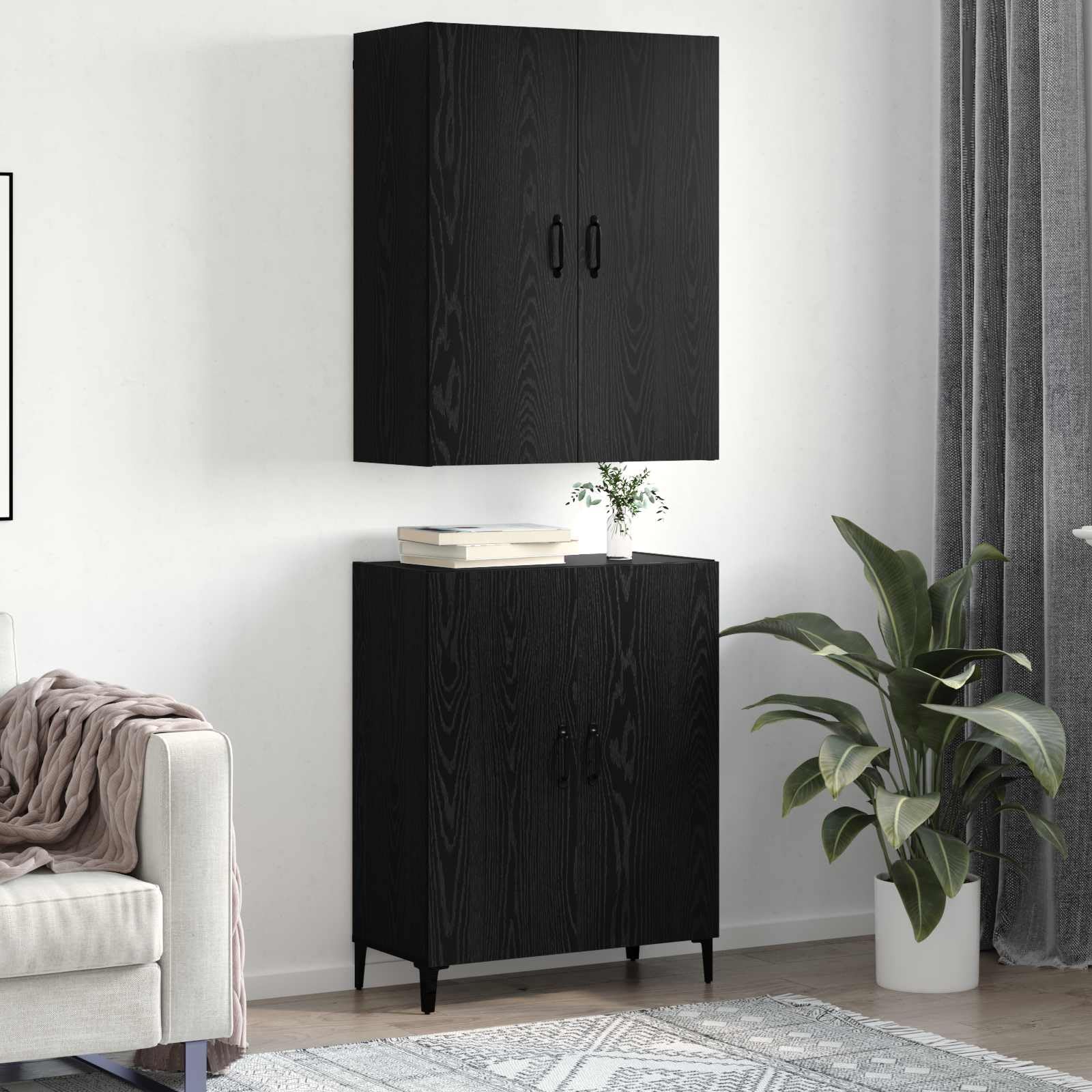 Buffet haut noir aspect chêne en bois avec 4 portes à charnières, hauteur de 180 cm, charge maximale de 120 kg, buffet moderne avec espace de rangement, idéal pour salon, salle à manger et