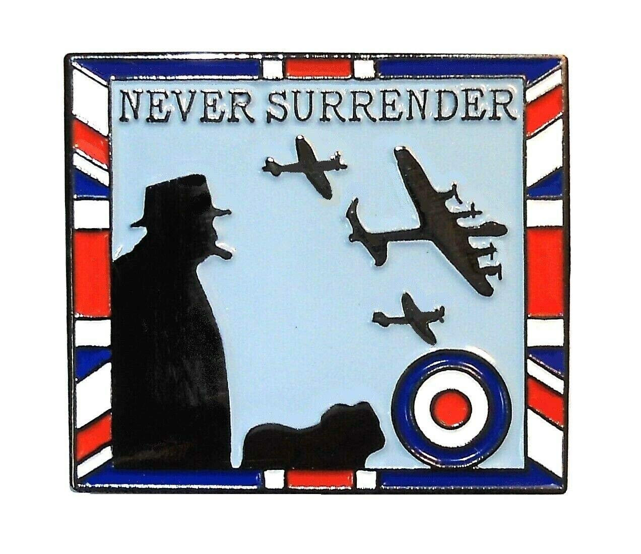 WW2 Churchill & Bulldog NEVER SURRENDER Spitfire Hurricane Lancaster RAF VE75 Badge