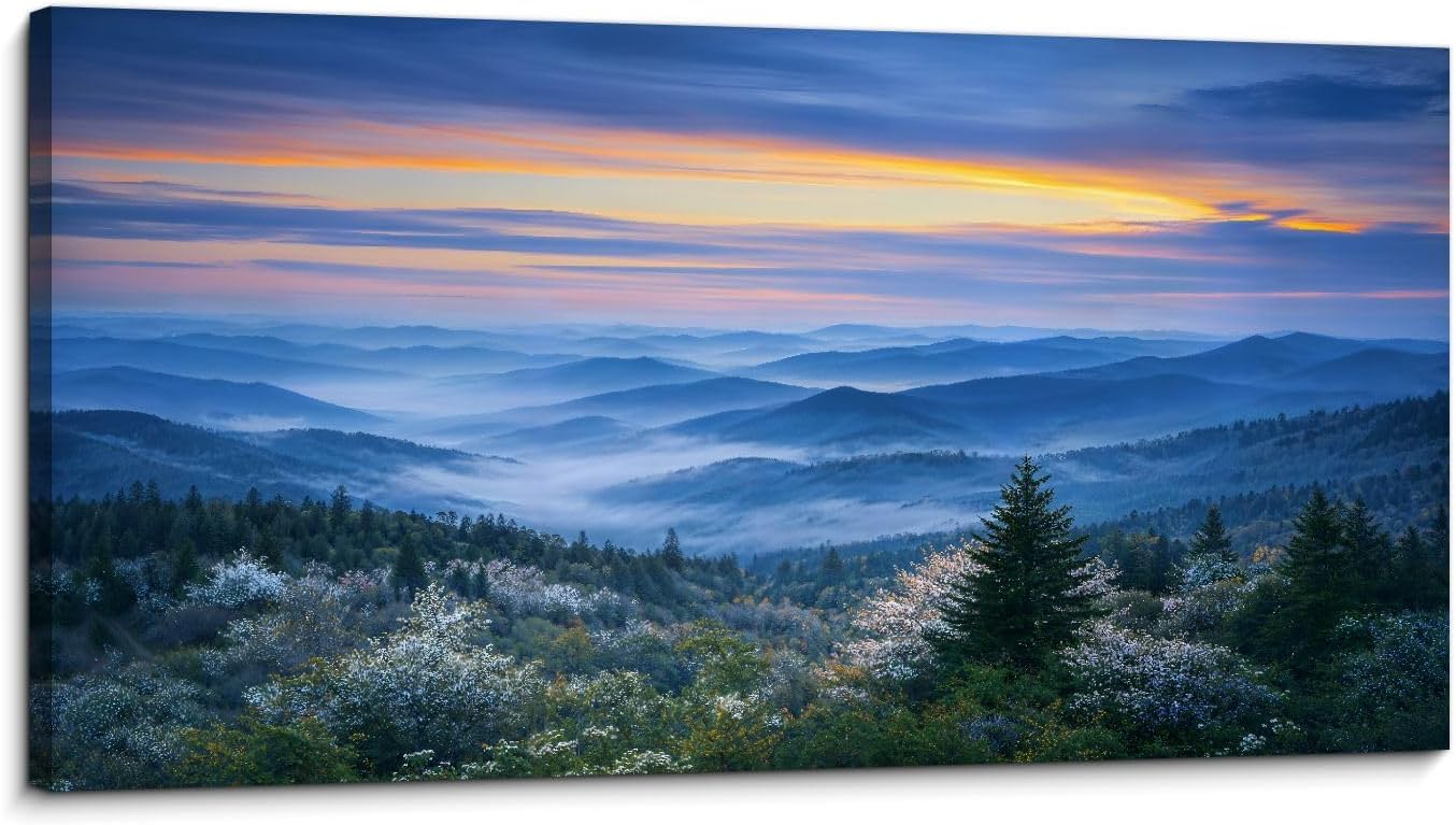 lianyibo Large Canvas Wall Art Scenic Blue Ridge Parkway Appalachians Smoky Mountains Spring Print Artwork Home Office Decor(55x110cm/Frameless)