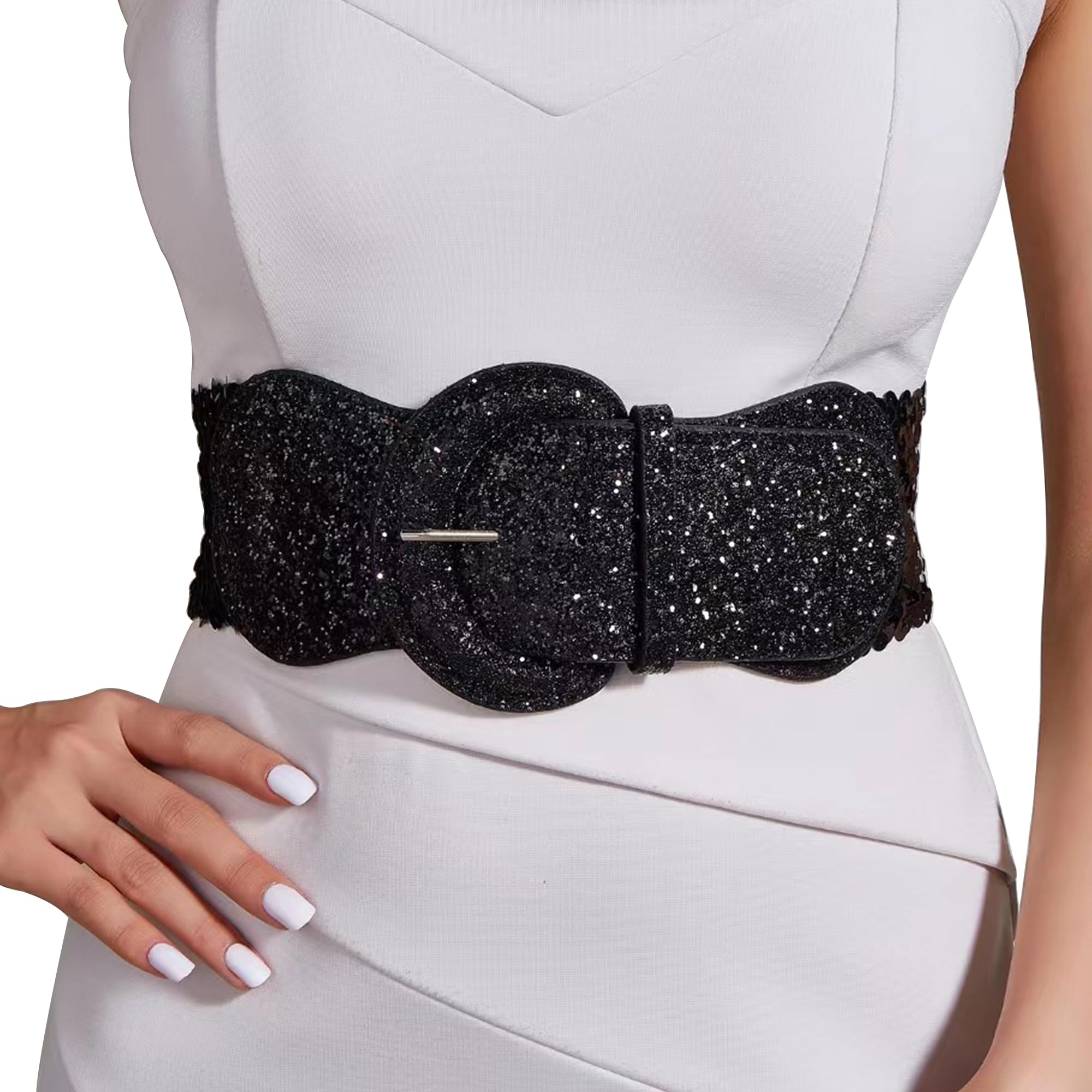VASTLUCKY Women Elastic Wide Waist Belt for Dresses Sequin Glitters Cinch Corset Belt Stretchy Waistband Chunky Buckle Belts