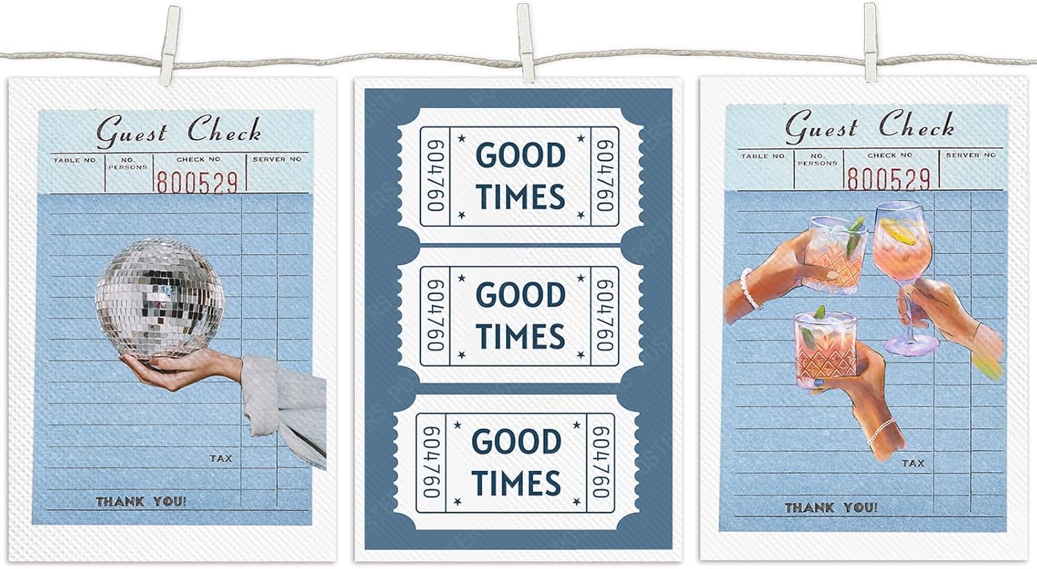 Set Of 3 Light Blue Guest Check Poster Canvas, Vintage Guest Check Cocktail Canvas Wall Art Print,Good Times Blue Wall Decor For Home Bedroom Dorm 16X24 in Unframed-Canvas Rolled Up