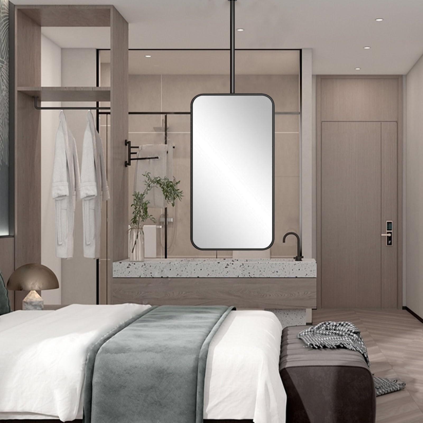 ITOSUI Ceiling Hanging Mirror, Suspended Makeup Mirror for Wall Shaving Mirror, Modern Rectangle Floating Mirror Home Living Room Dining Bedroom Entryway Washroom, Black Metal Frame Mirror(50cmx70cm)