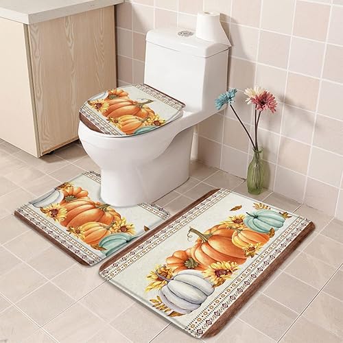 Miniatura 1 de Bathroom Rugs Sets 3 Piece Bath Mat,Thanksgiving Fall Pumpkin Sunflower Soft Non-Slip Bath Rug Set,Absorbent Shower Rugs Toilet Seat Cover U-Shaped