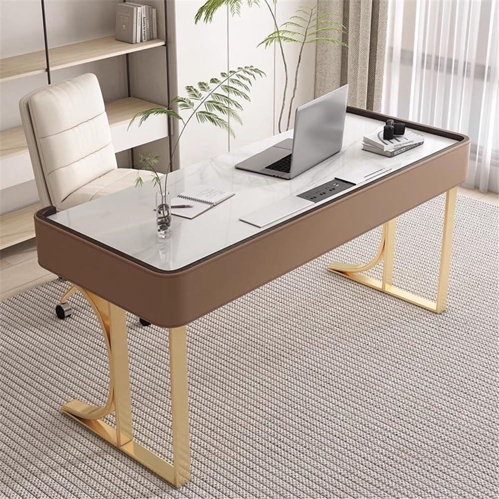 Scrivania moderna scrivania da studio con prese elettriche, tavolo per laptop di lusso e postazione di lavoro con struttura in metallo dorato Tavolo da gioco per laptop (XL)